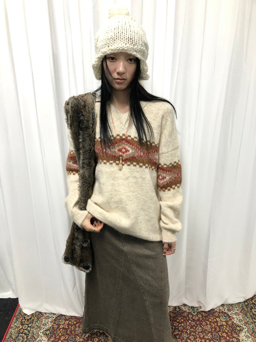 ang project Vintage Lazy Style V-Neck Cable Knit Sweater