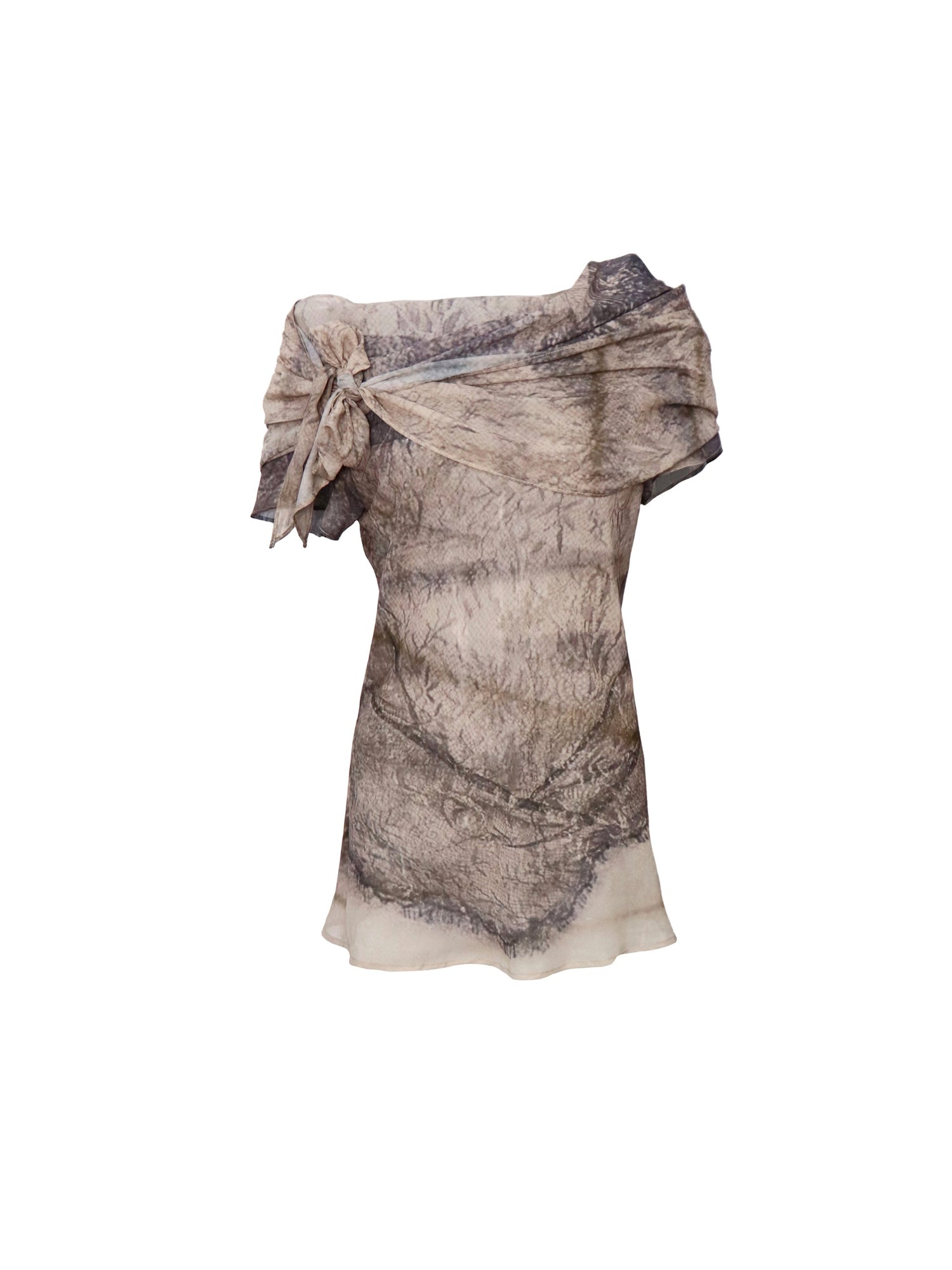 Flowers birds Market One Shoulder Watercolor Print Chiffon Dress With Bow