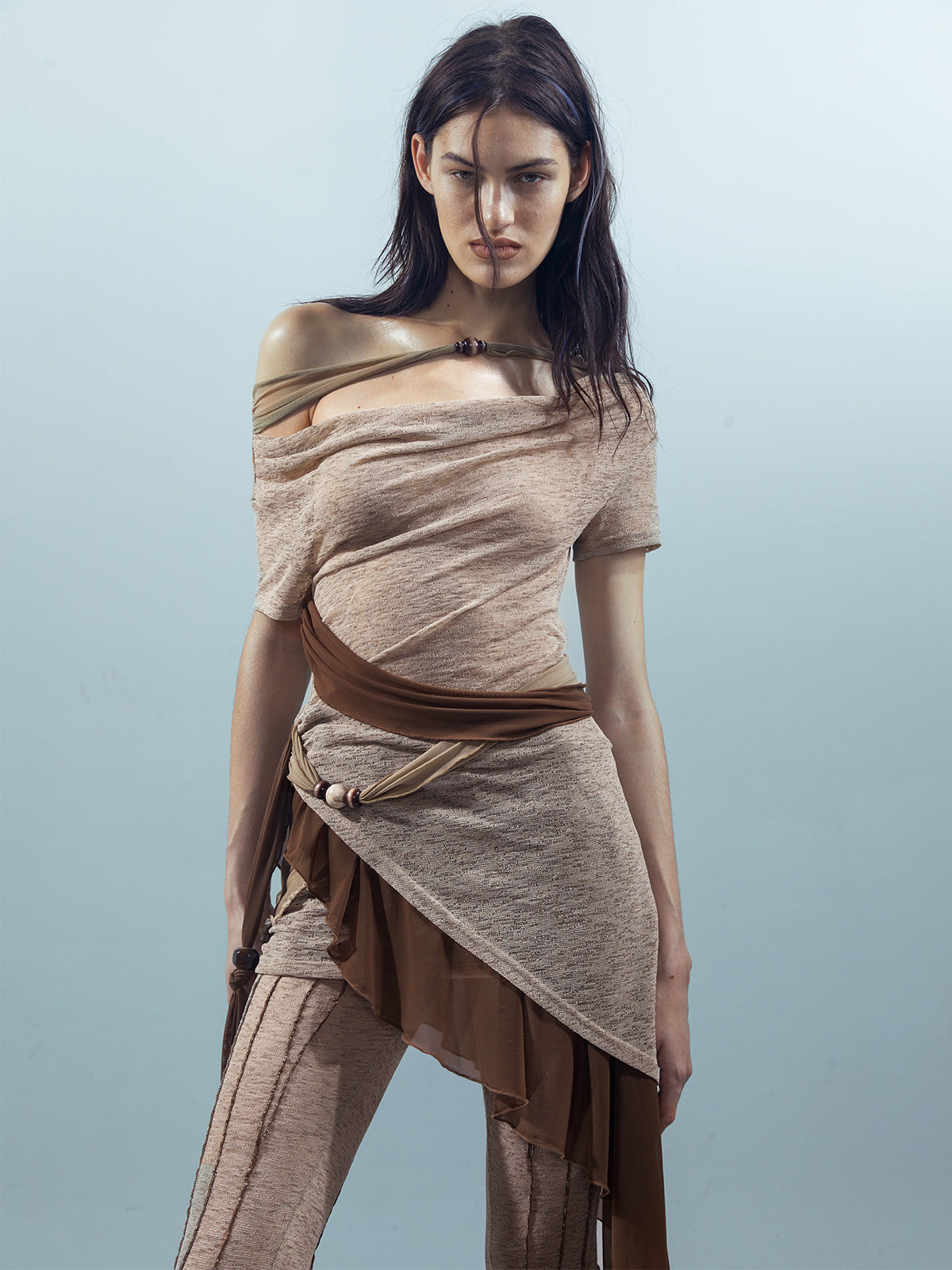 UpdateNN NORTH NODE Ethereal Threads Mirage T-shirt With Beaded Mesh V-neck Long-Sleeve