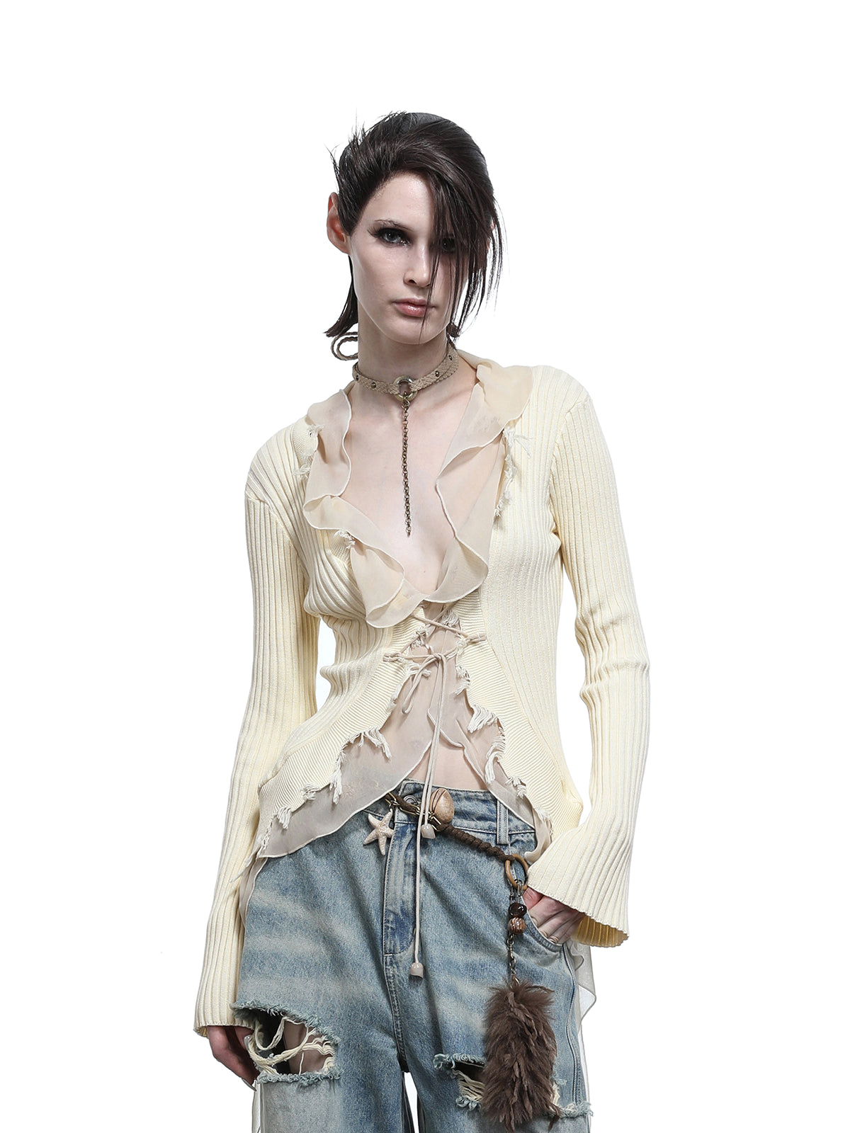 NN NORTH NODE Tattered Lace Mesh Trimmed Knit Cardigan