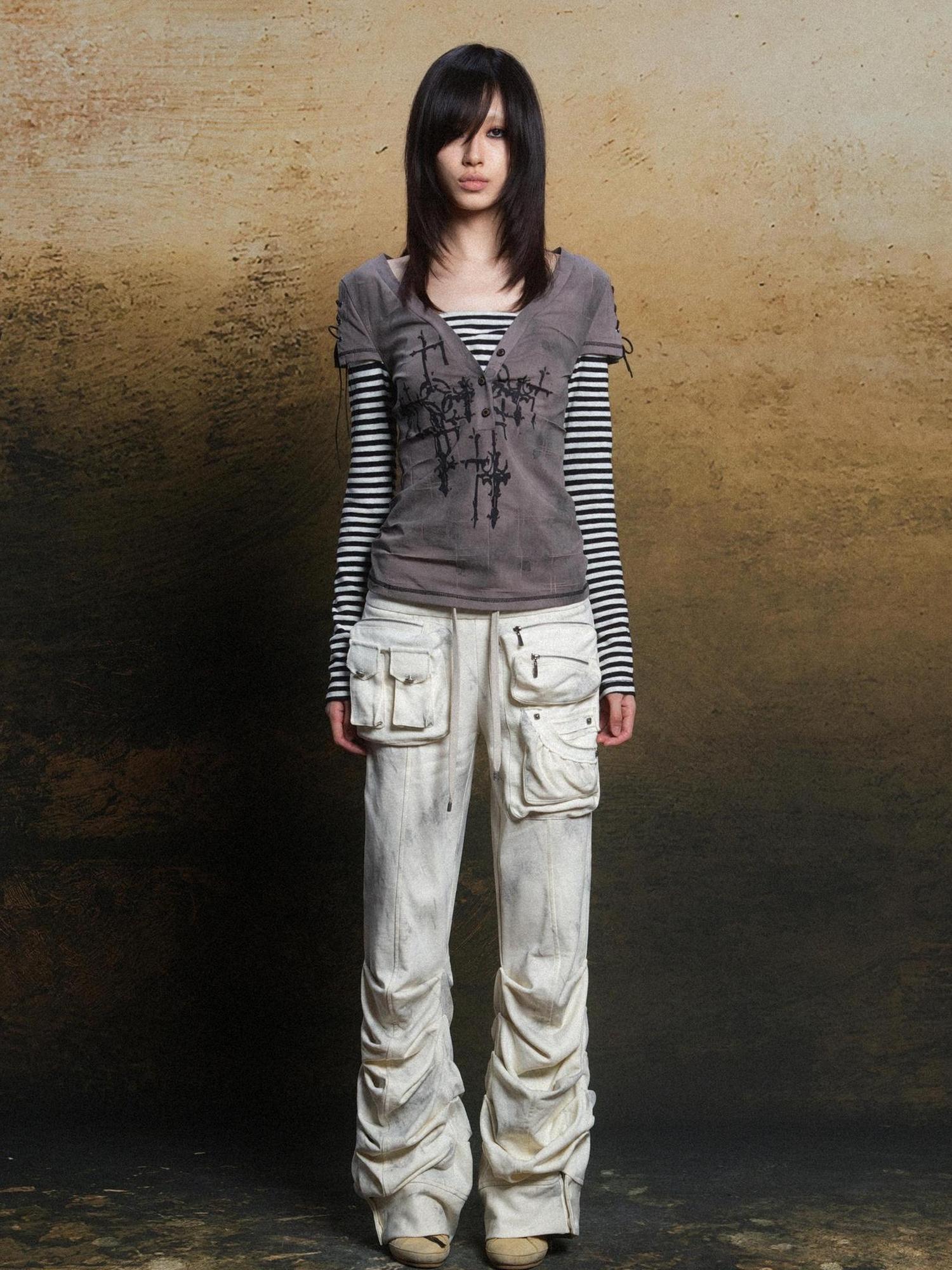 ARIADNAw Ariadna Gothic Print V Neck Tee Punk Streetwear Women Top