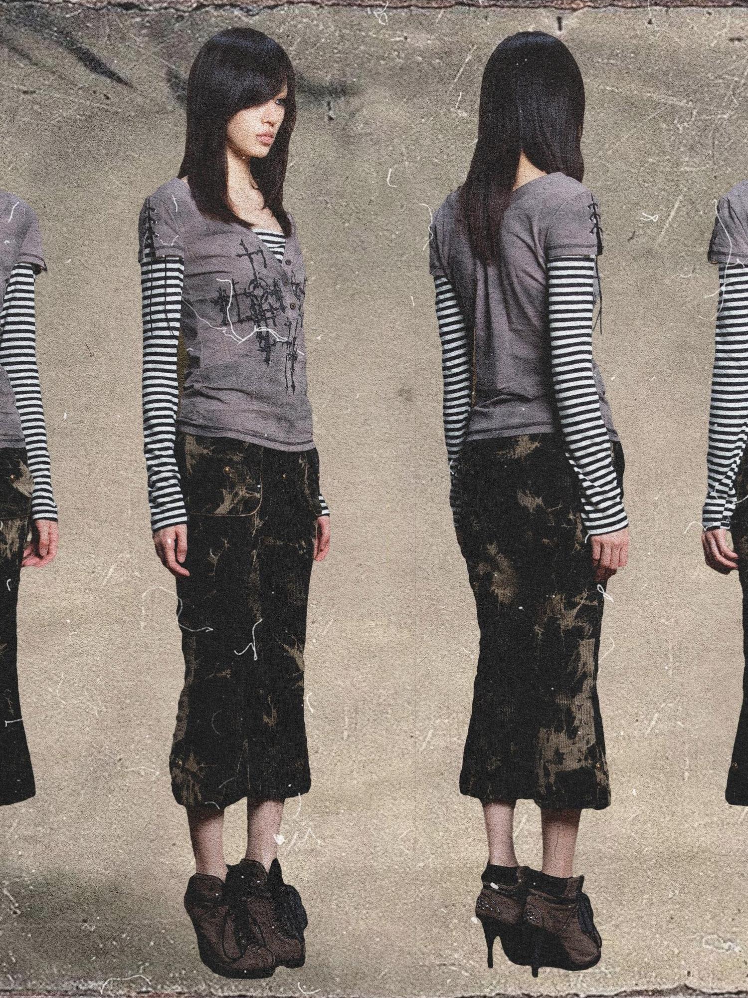 ARIADNAw Ariadna Gothic Print V Neck Tee Punk Streetwear Women Top
