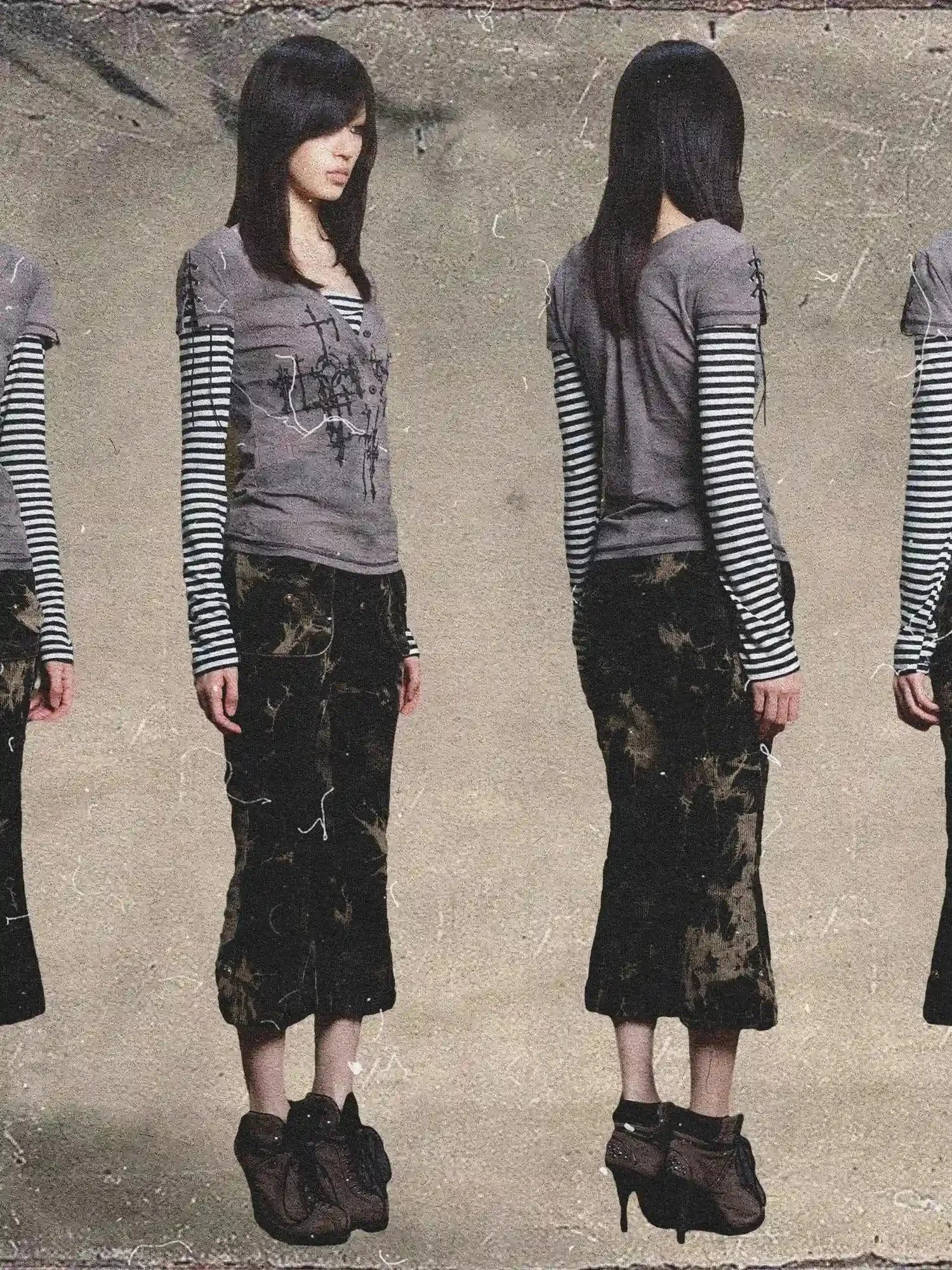 Ariadna Gothic Print V Neck Tee Punk Streetwear Women Top