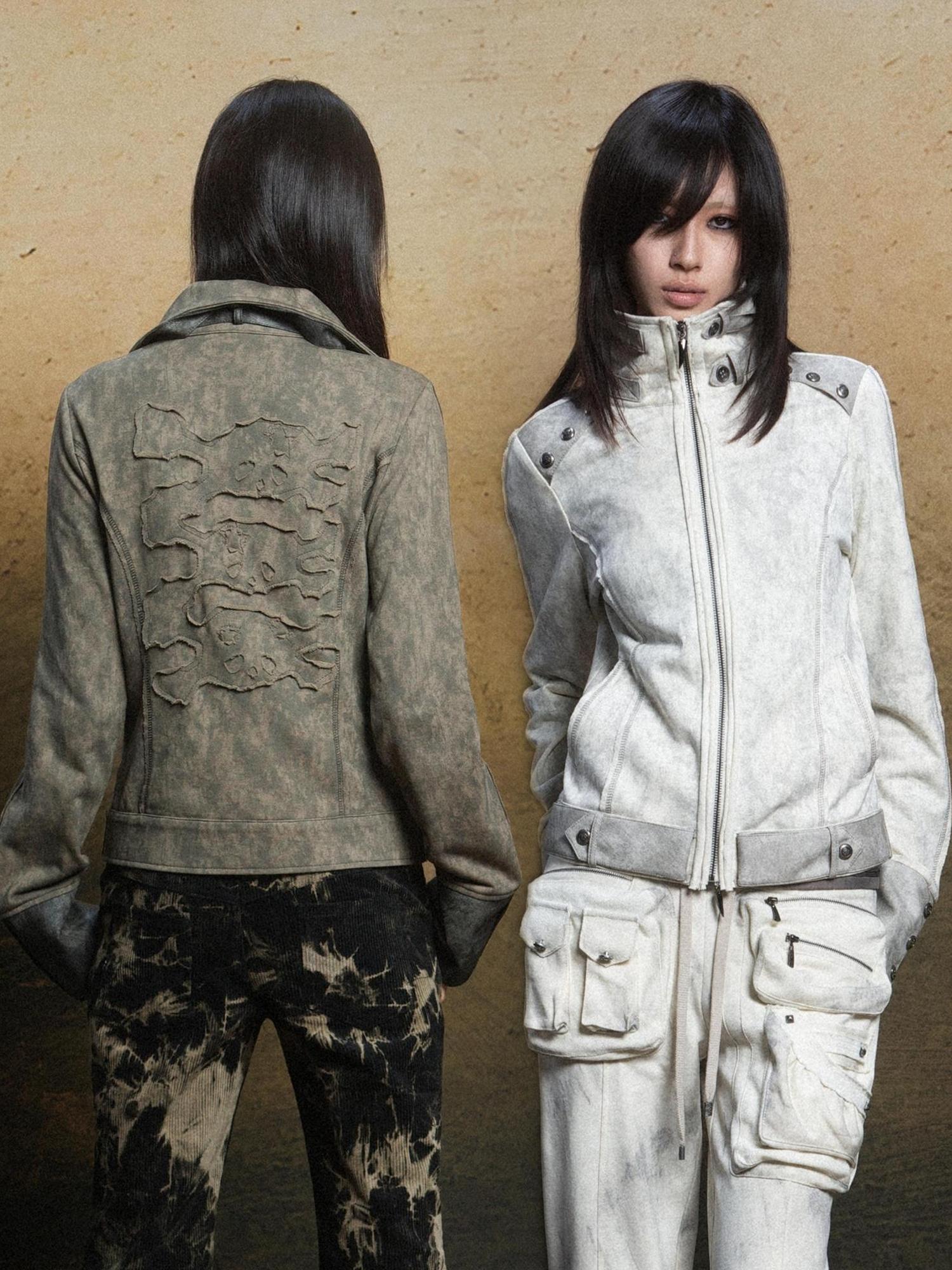 ARIADNAw Ariadna Patchwork Punk High Neck Sporty Industrial Jacket