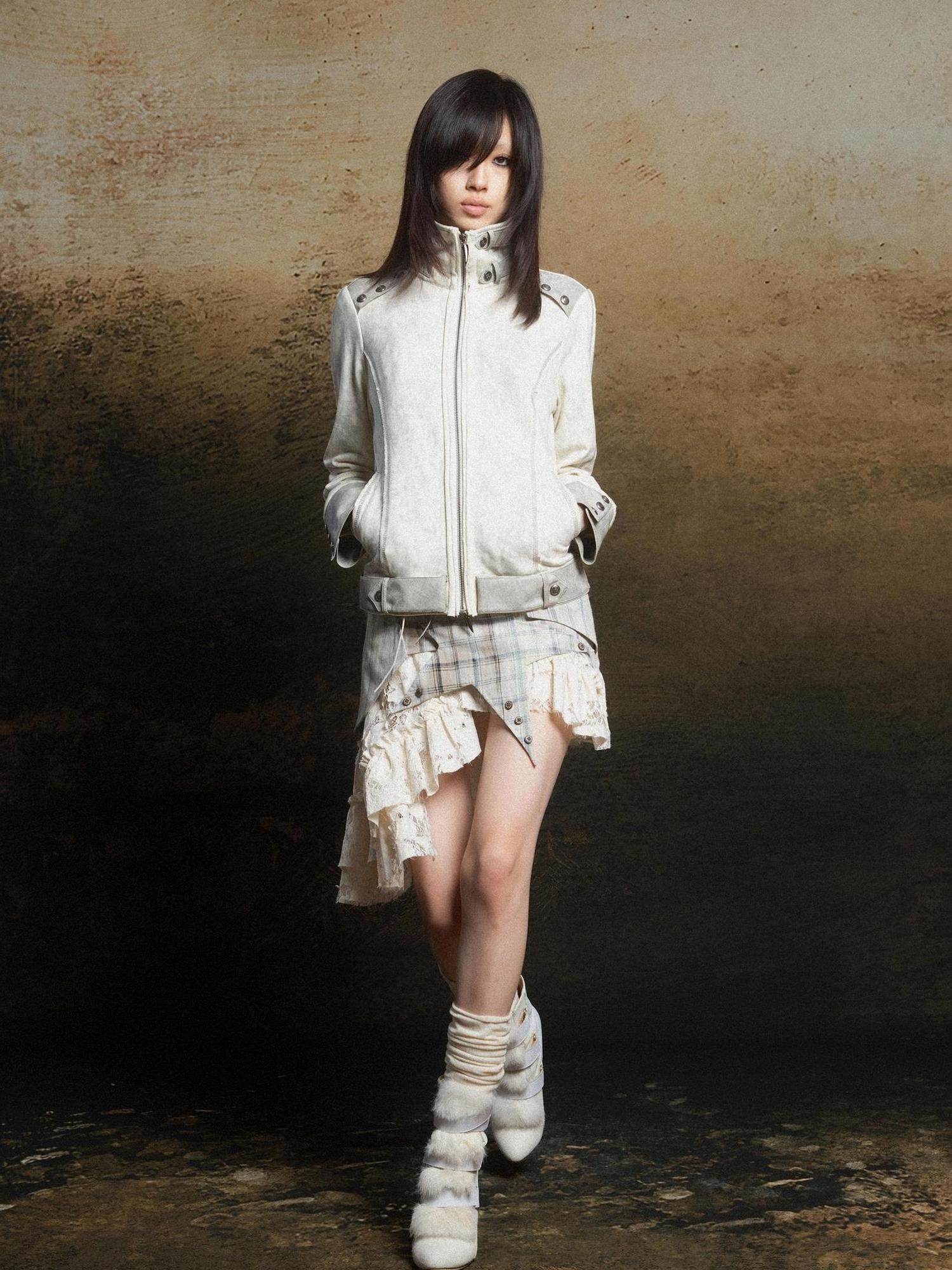 ARIADNAw Ariadna Patchwork Punk High Neck Sporty Industrial Jacket