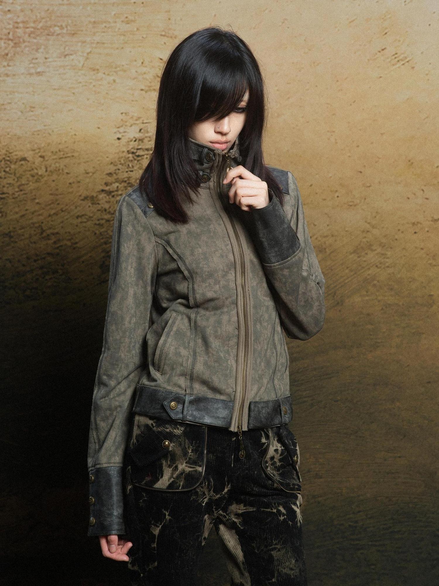 ARIADNAw Ariadna Patchwork Punk High Neck Sporty Industrial Jacket