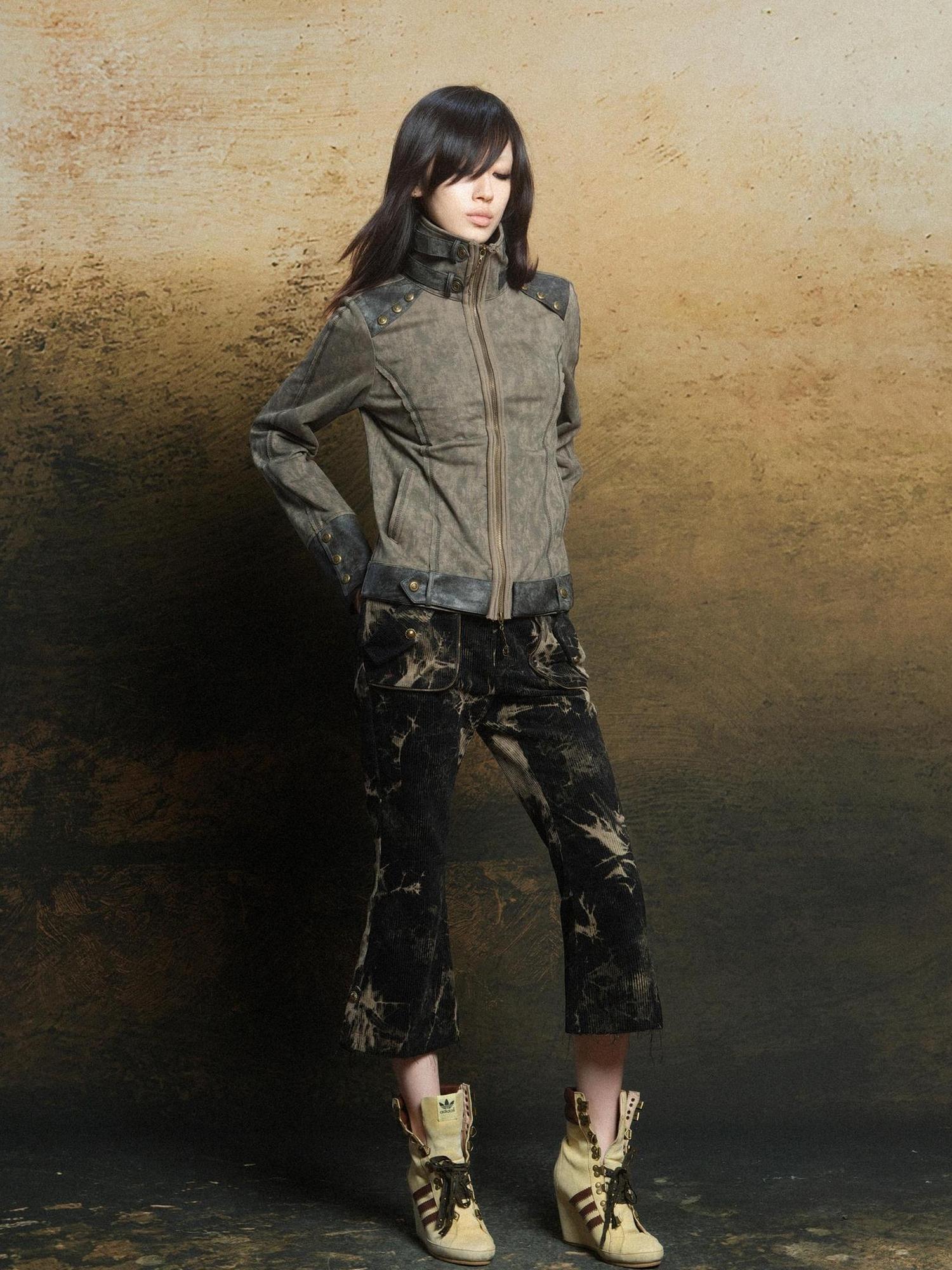 ARIADNAw Ariadna Patchwork Punk High Neck Sporty Industrial Jacket