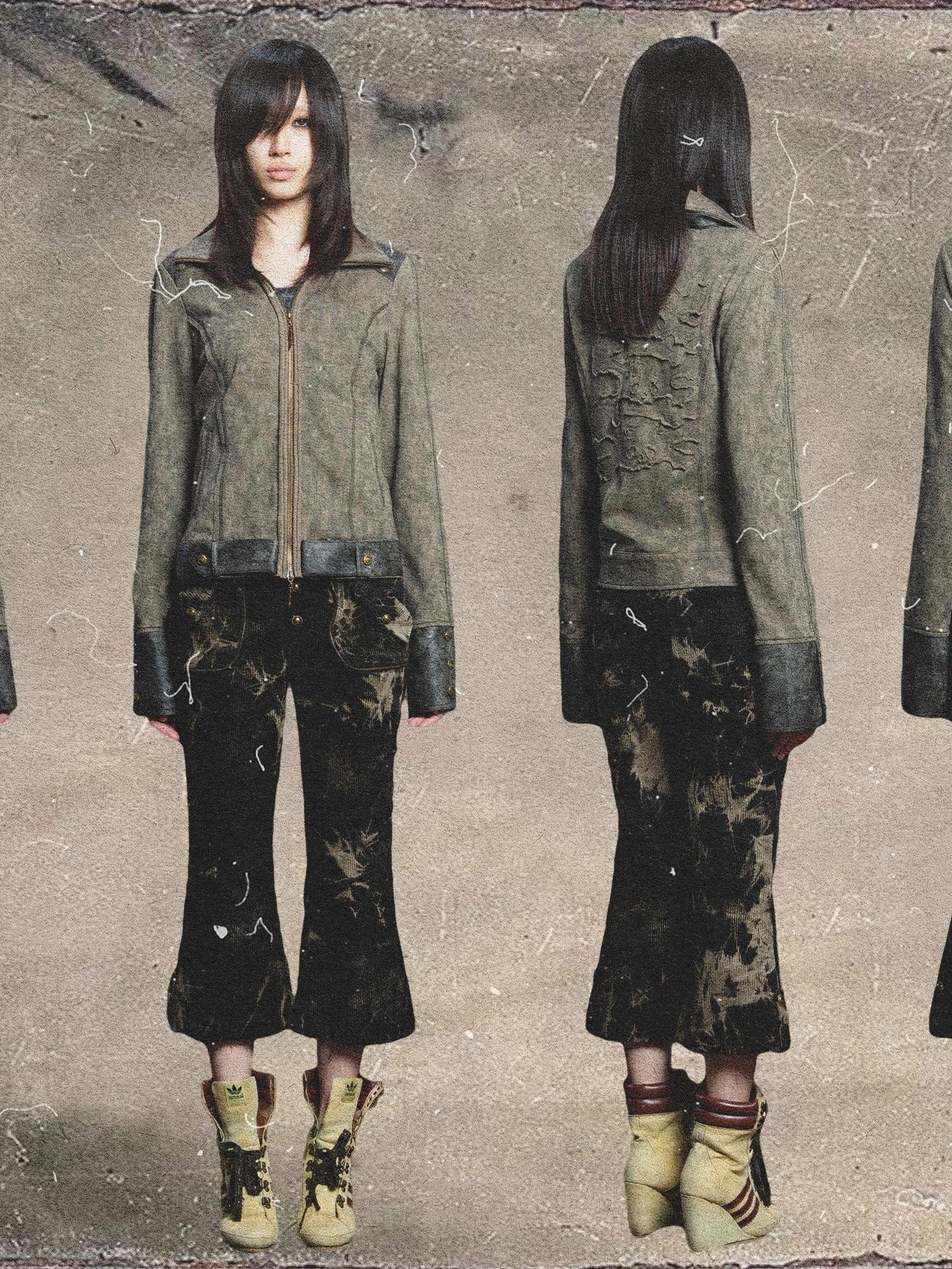 ARIADNAw Ariadna Patchwork Punk High Neck Sporty Industrial Jacket