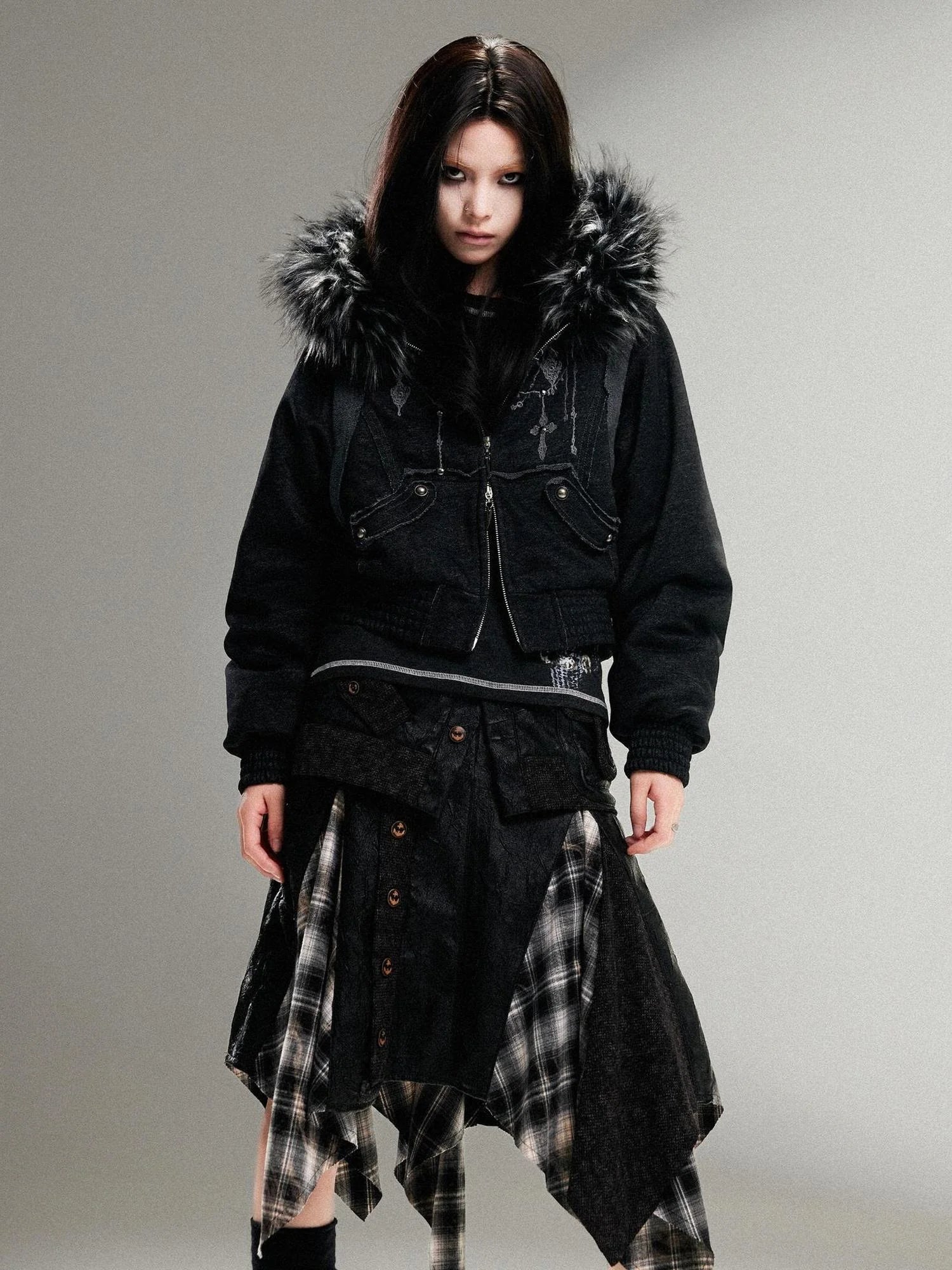 Ariadna Punk Embroidered Fur Collar Bomber Jacket