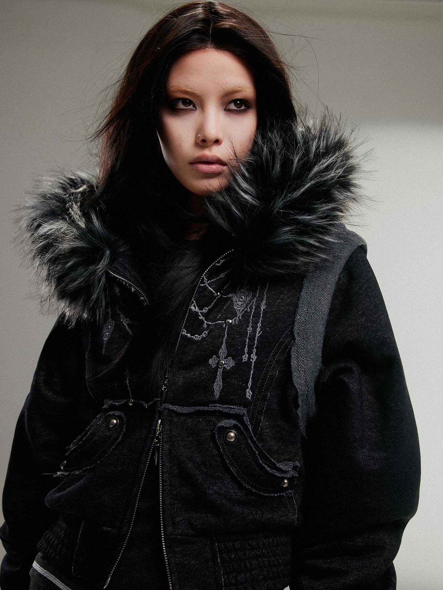 ARIADNAw Ariadna Punk Embroidered Fur Collar Bomber Jacket