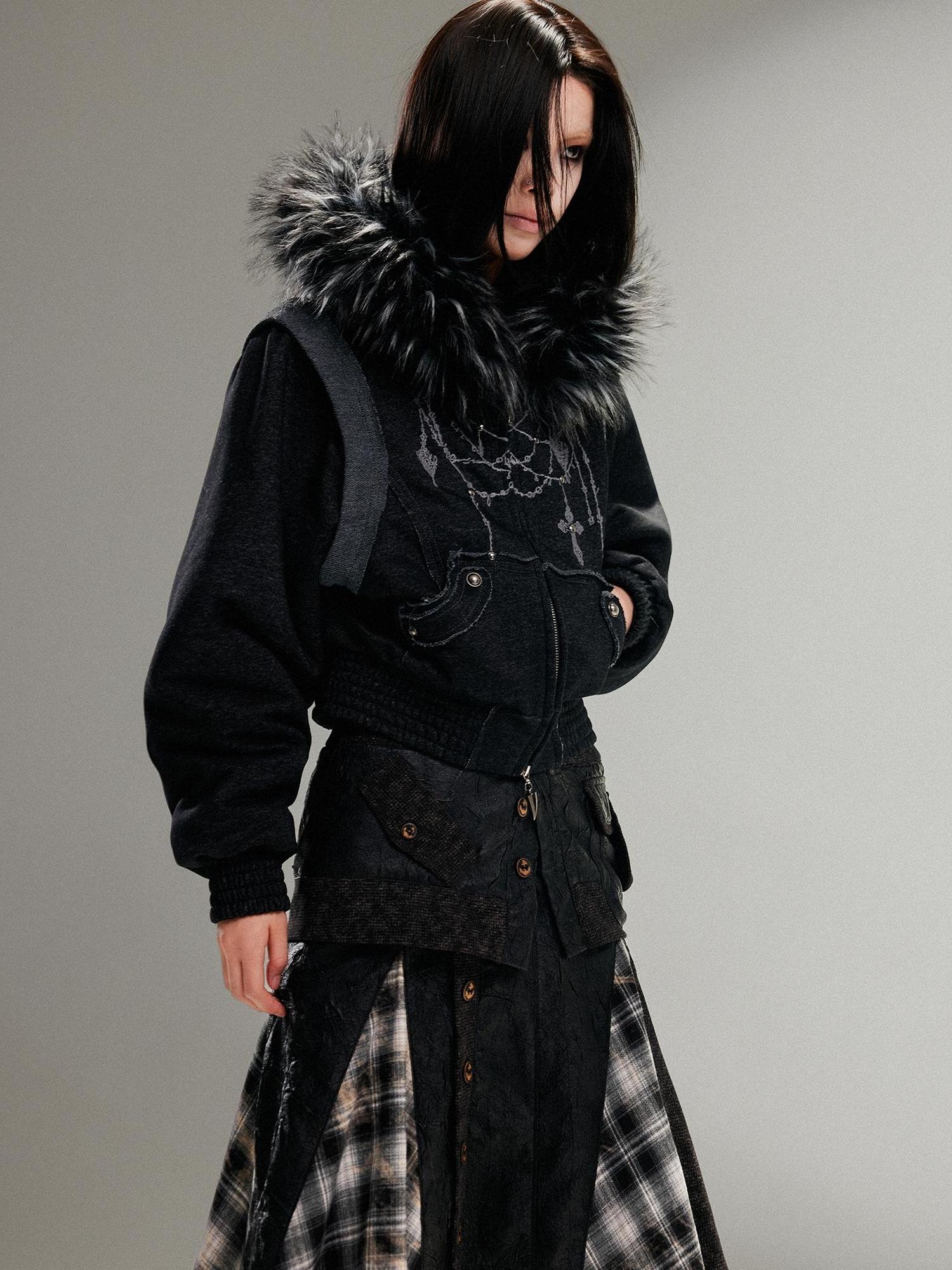 ARIADNAw Ariadna Punk Embroidered Fur Collar Bomber Jacket