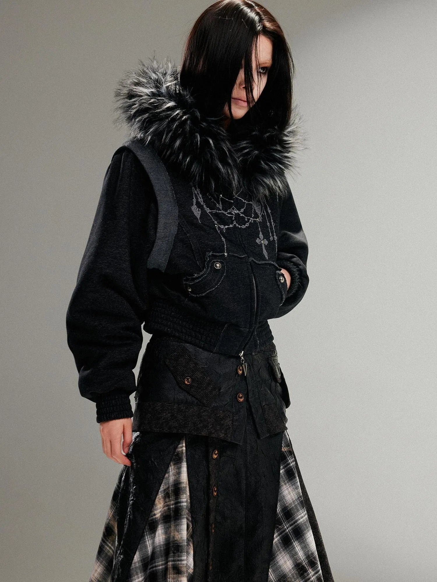 Ariadna Punk Embroidered Fur Collar Bomber Jacket