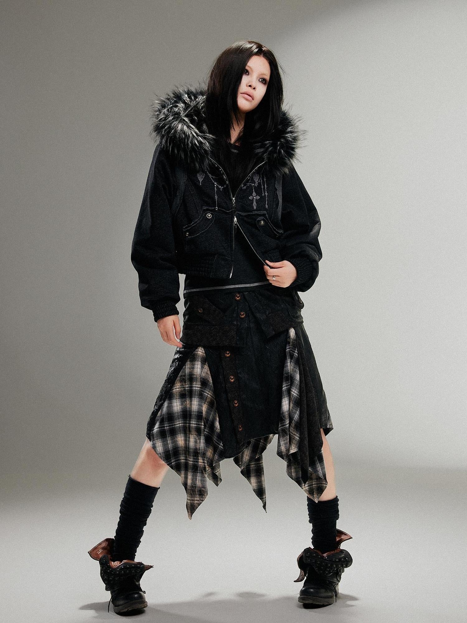 ARIADNAw Ariadna Punk Embroidered Fur Collar Bomber Jacket