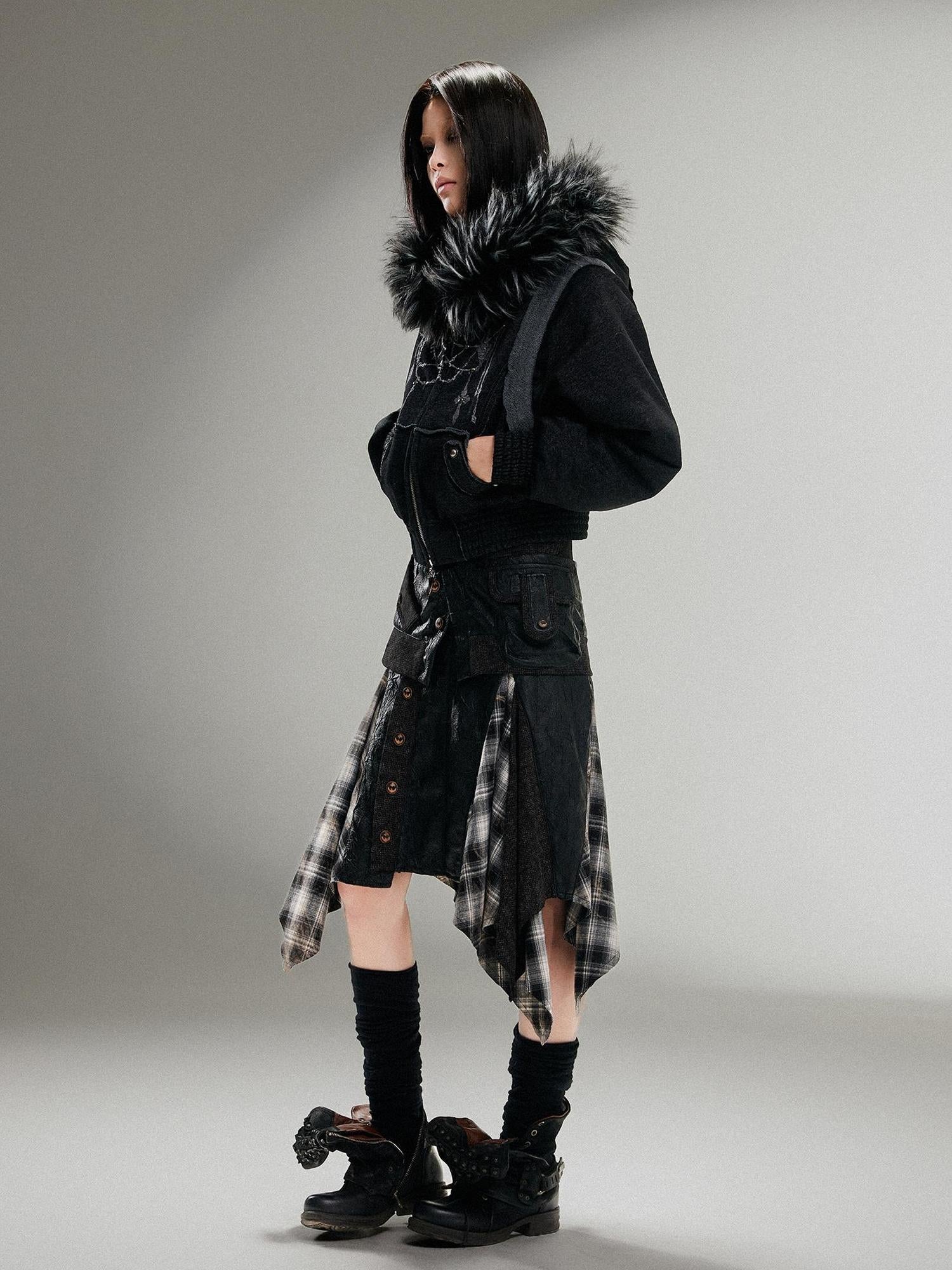 ARIADNAw Ariadna Punk Embroidered Fur Collar Bomber Jacket