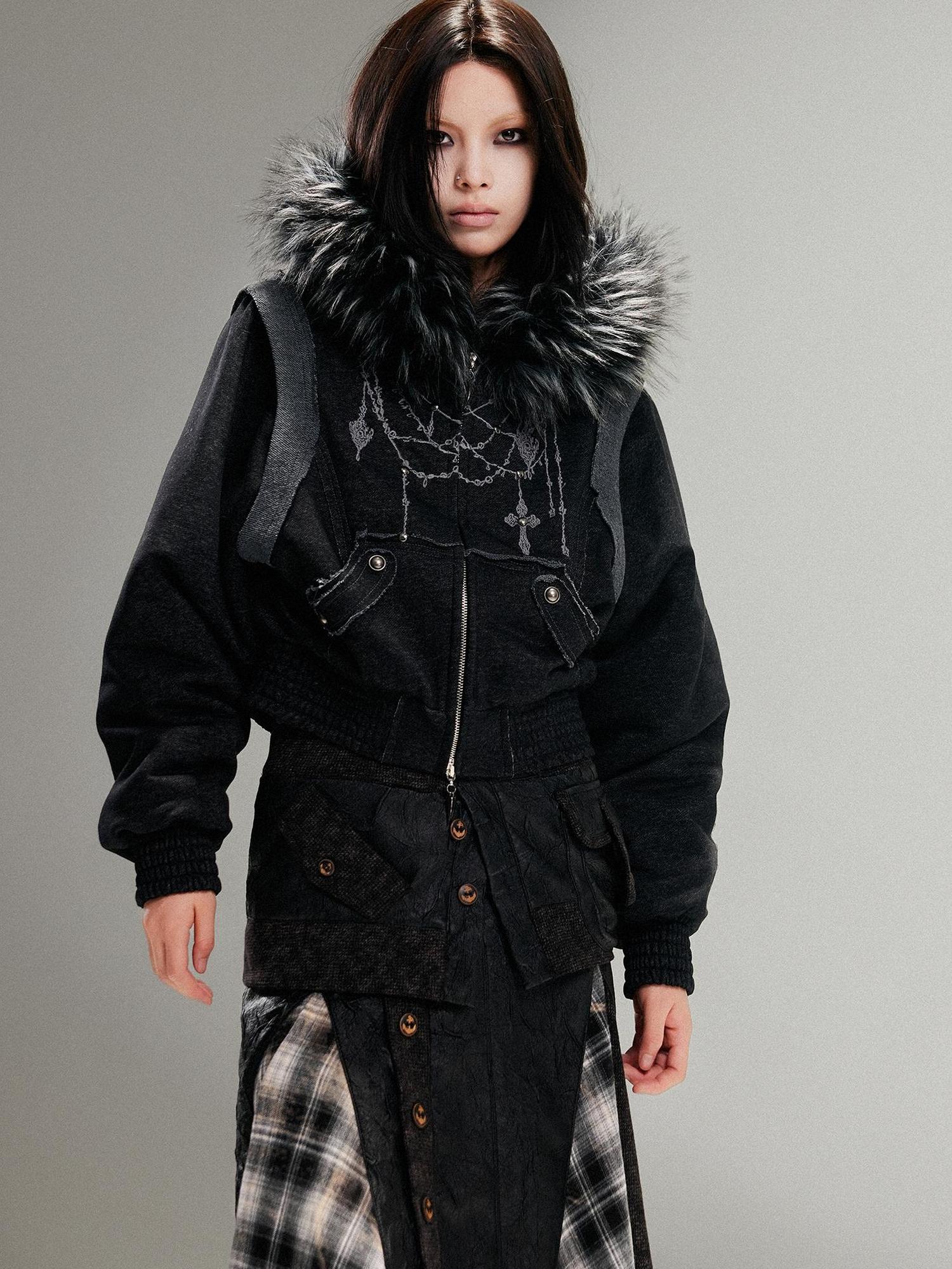 ARIADNAw Ariadna Punk Embroidered Fur Collar Bomber Jacket