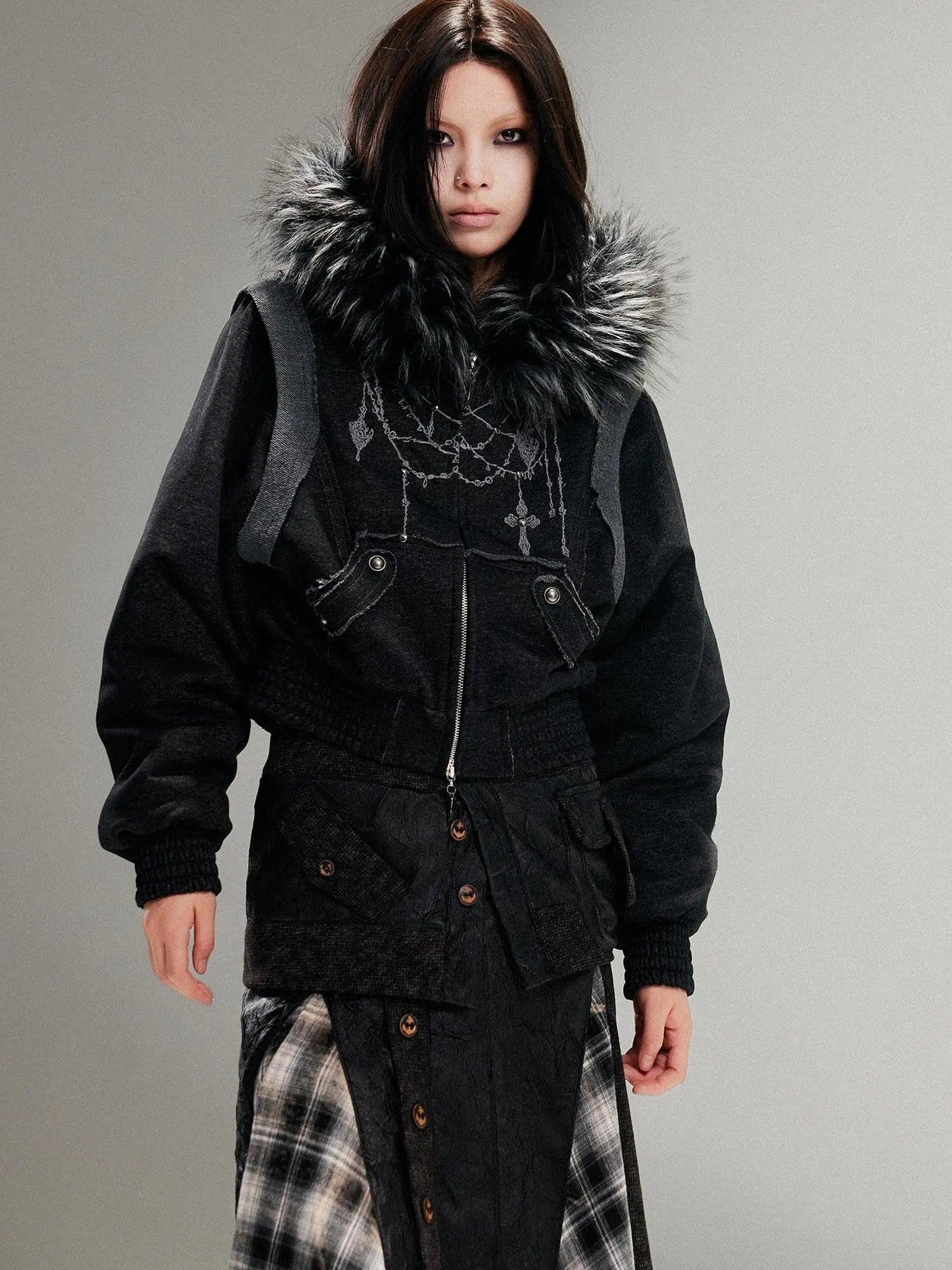 Ariadna Punk Embroidered Fur Collar Bomber Jacket