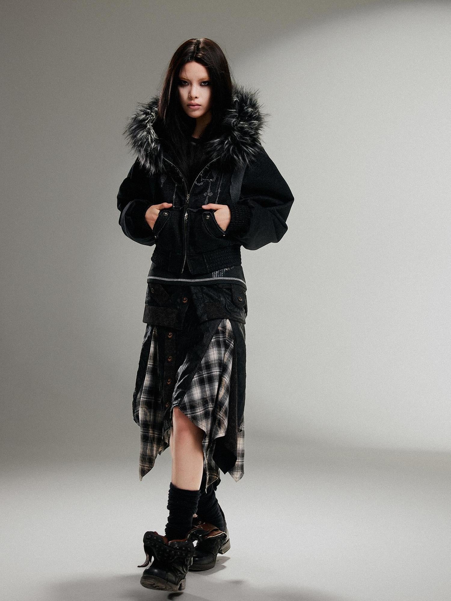 ARIADNAw Ariadna Punk Embroidered Fur Collar Bomber Jacket