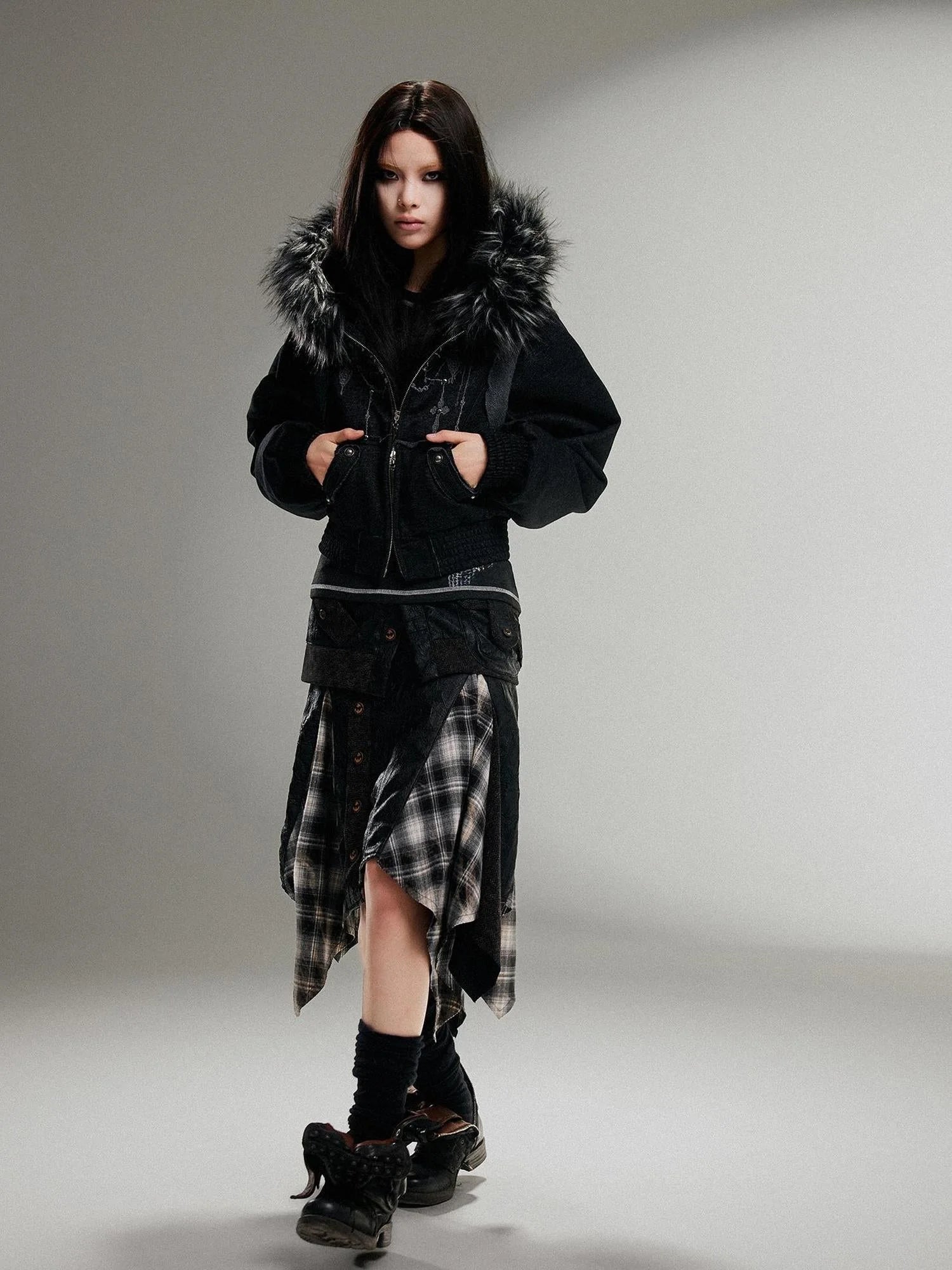 Ariadna Punk Embroidered Fur Collar Bomber Jacket
