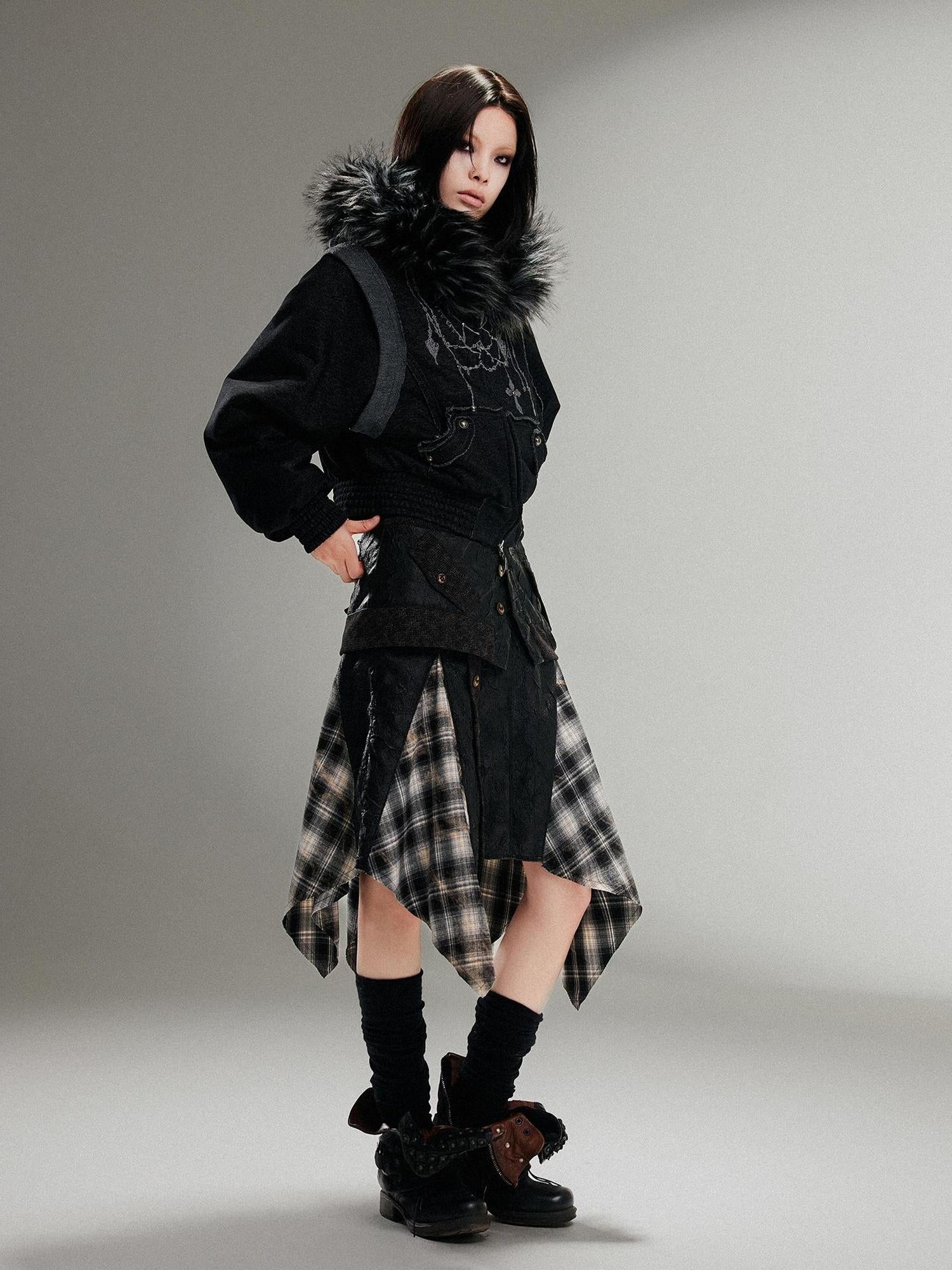 ARIADNAw Ariadna Punk Embroidered Fur Collar Bomber Jacket