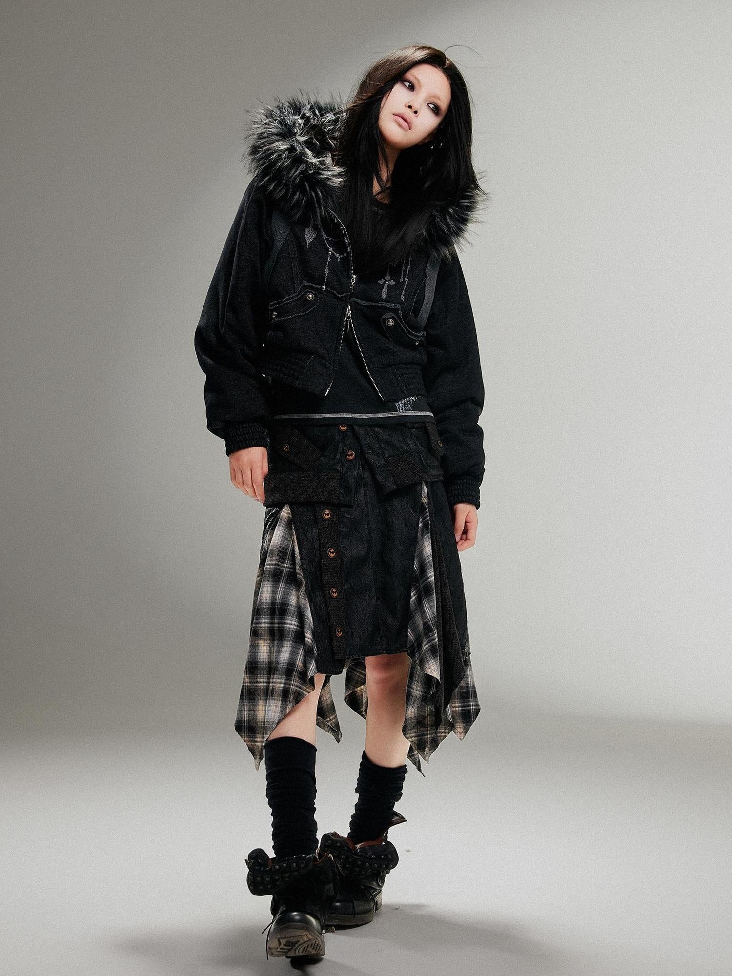ARIADNAw Ariadna Punk Embroidered Fur Collar Bomber Jacket
