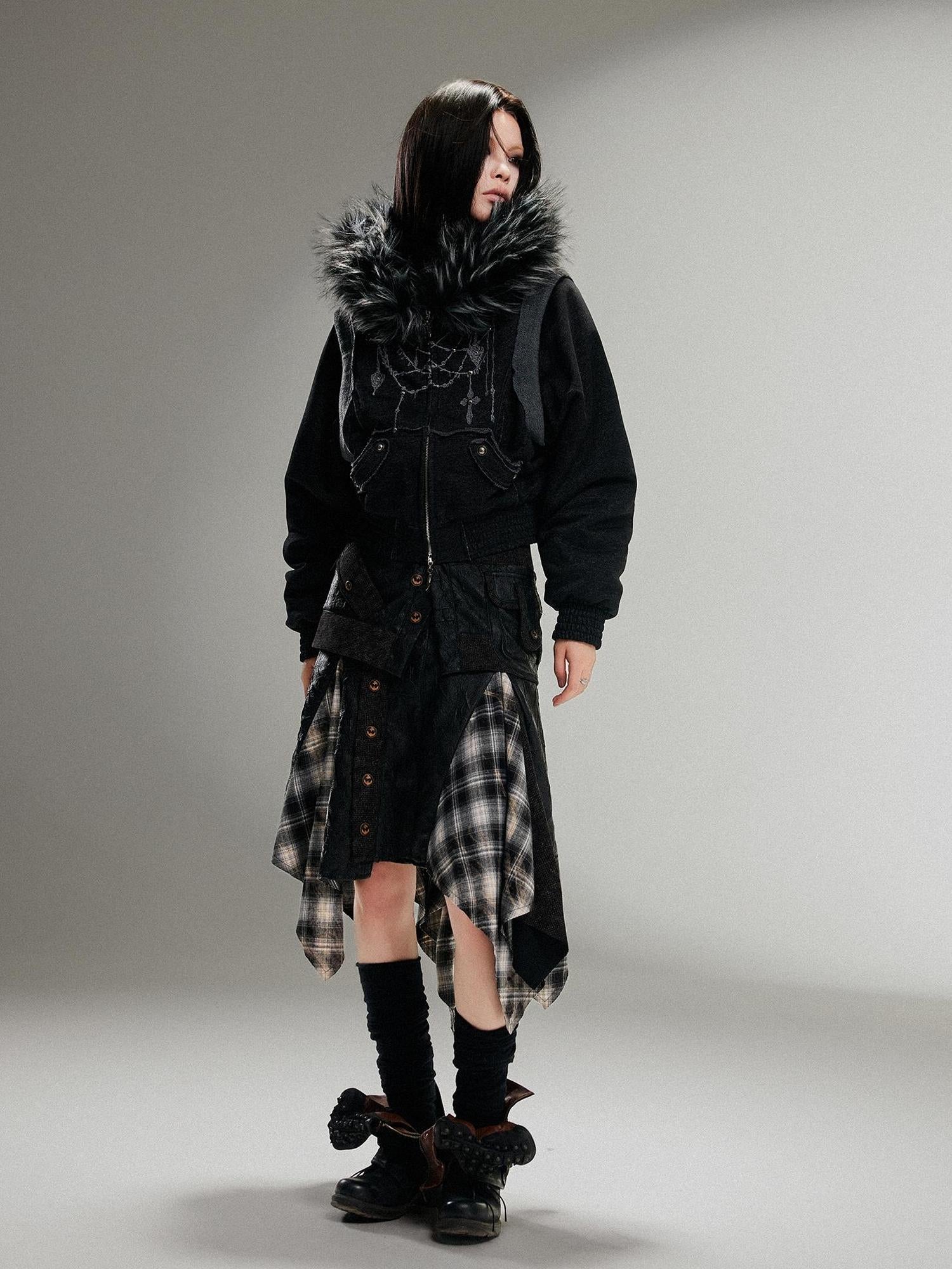 ARIADNAw Ariadna Punk Embroidered Fur Collar Bomber Jacket