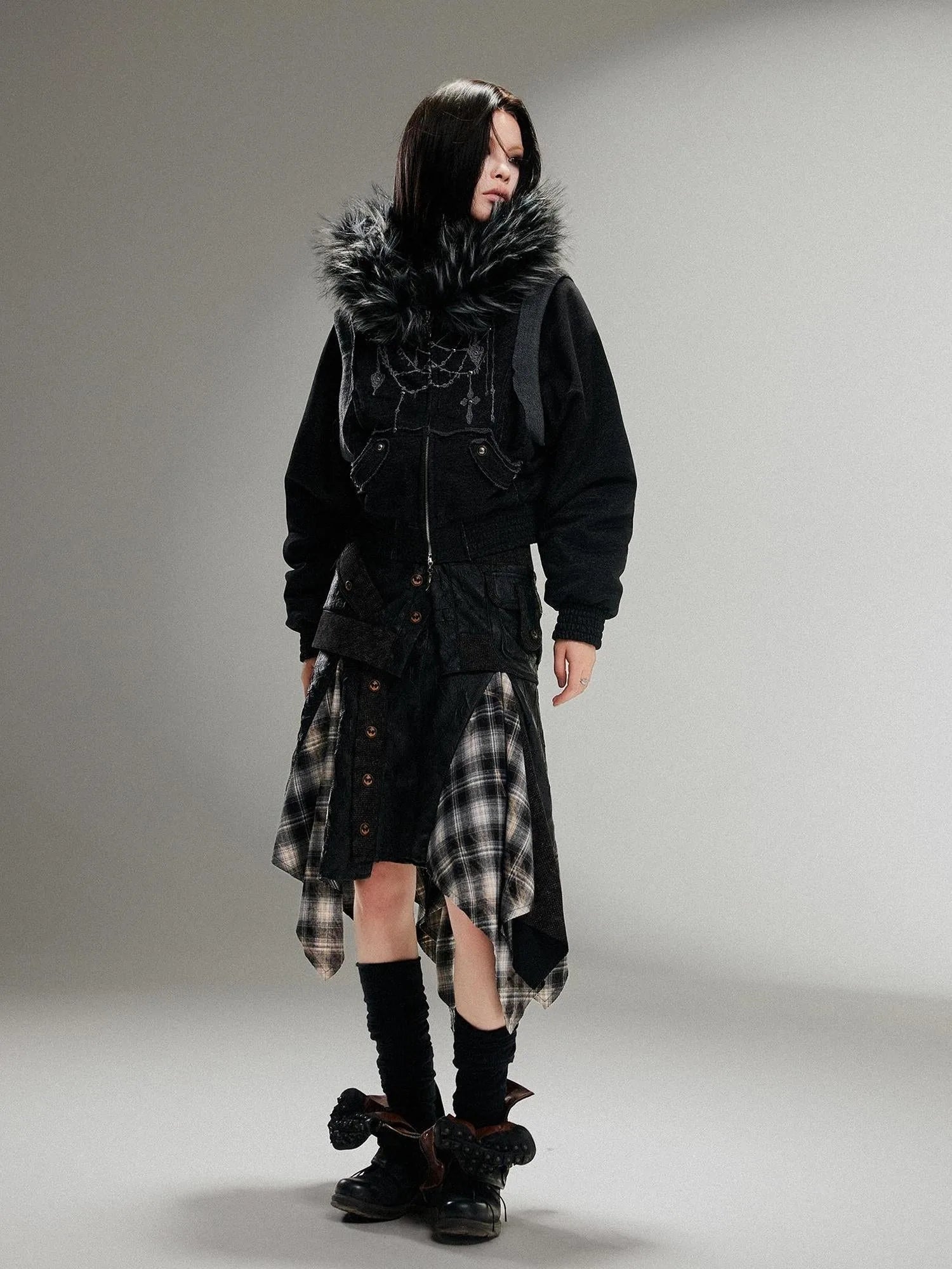 Ariadna Punk Embroidered Fur Collar Bomber Jacket