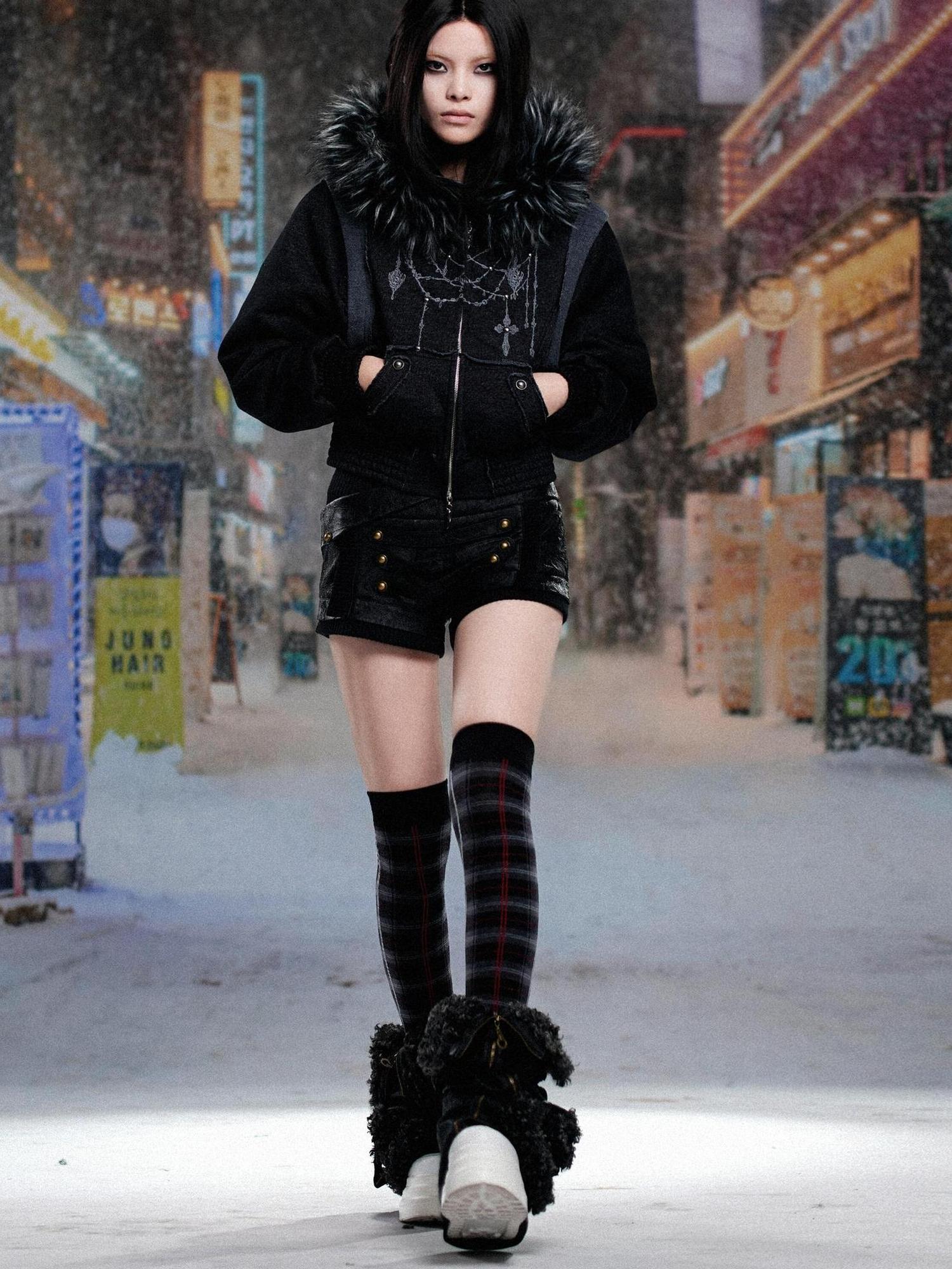 ARIADNAw Ariadna Punk Embroidered Fur Collar Bomber Jacket
