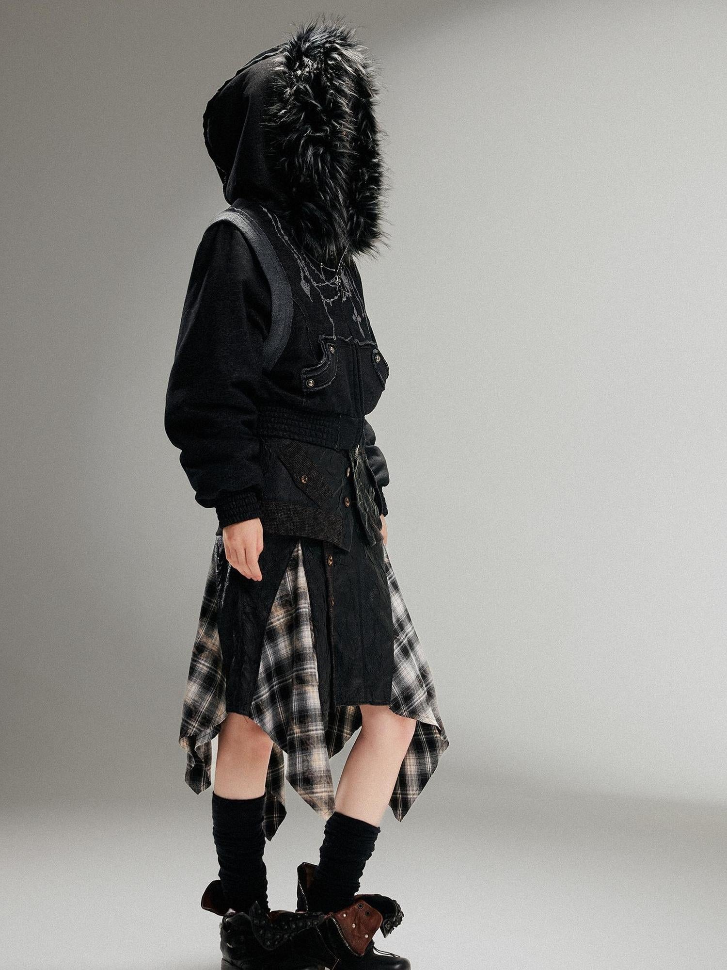 ARIADNAw Ariadna Punk Embroidered Fur Collar Bomber Jacket