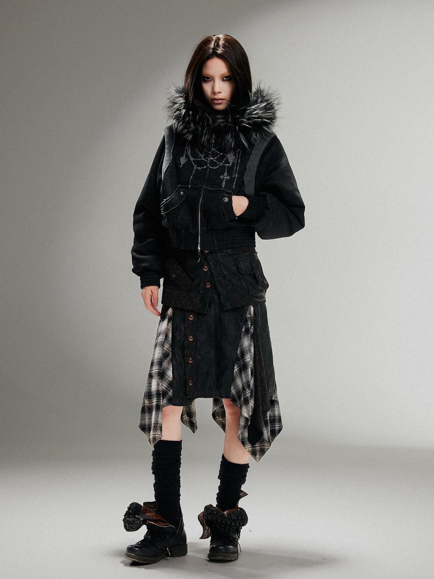 ARIADNAw Ariadna Punk Embroidered Fur Collar Bomber Jacket