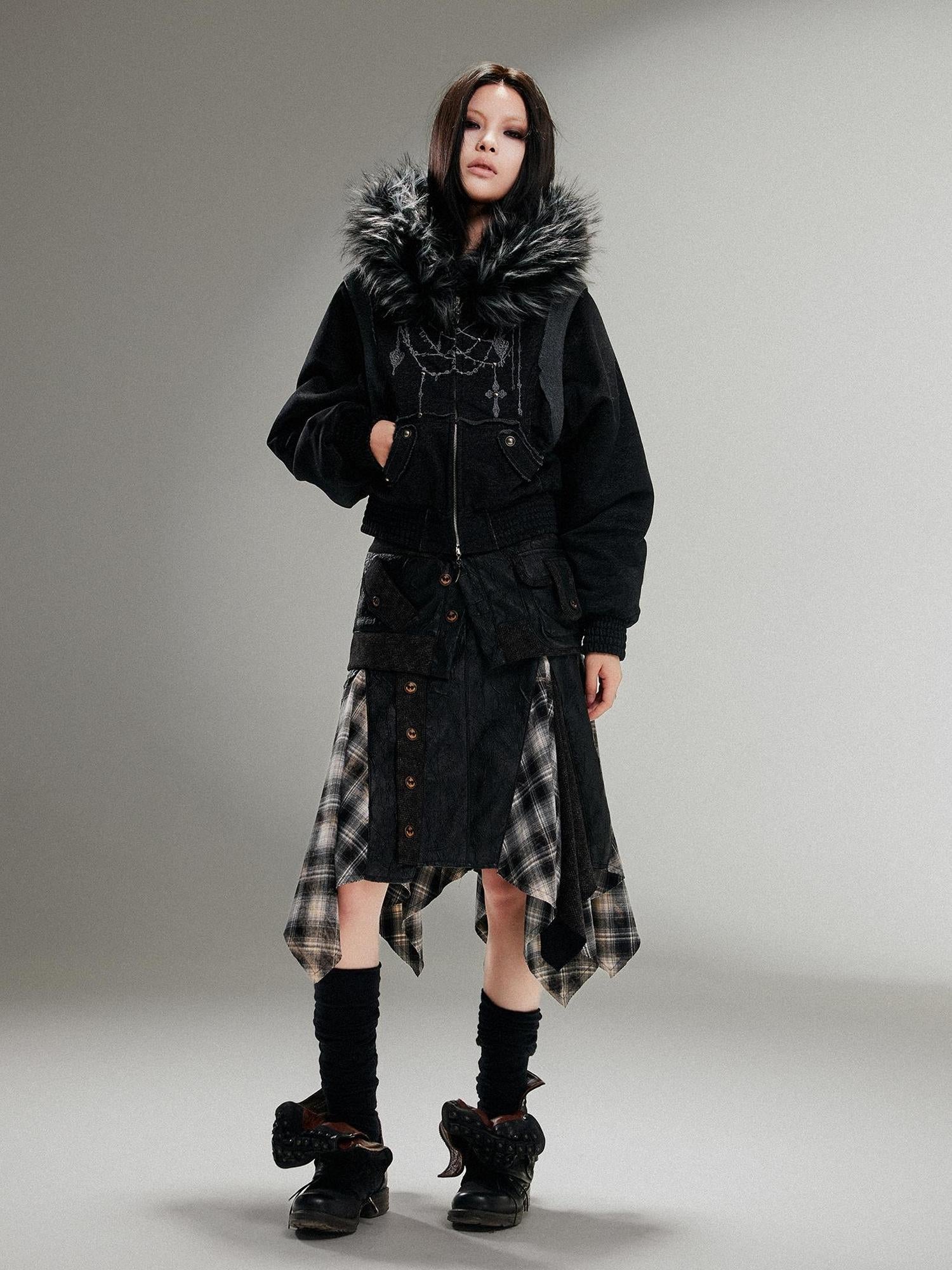 ARIADNAw Ariadna Punk Embroidered Fur Collar Bomber Jacket