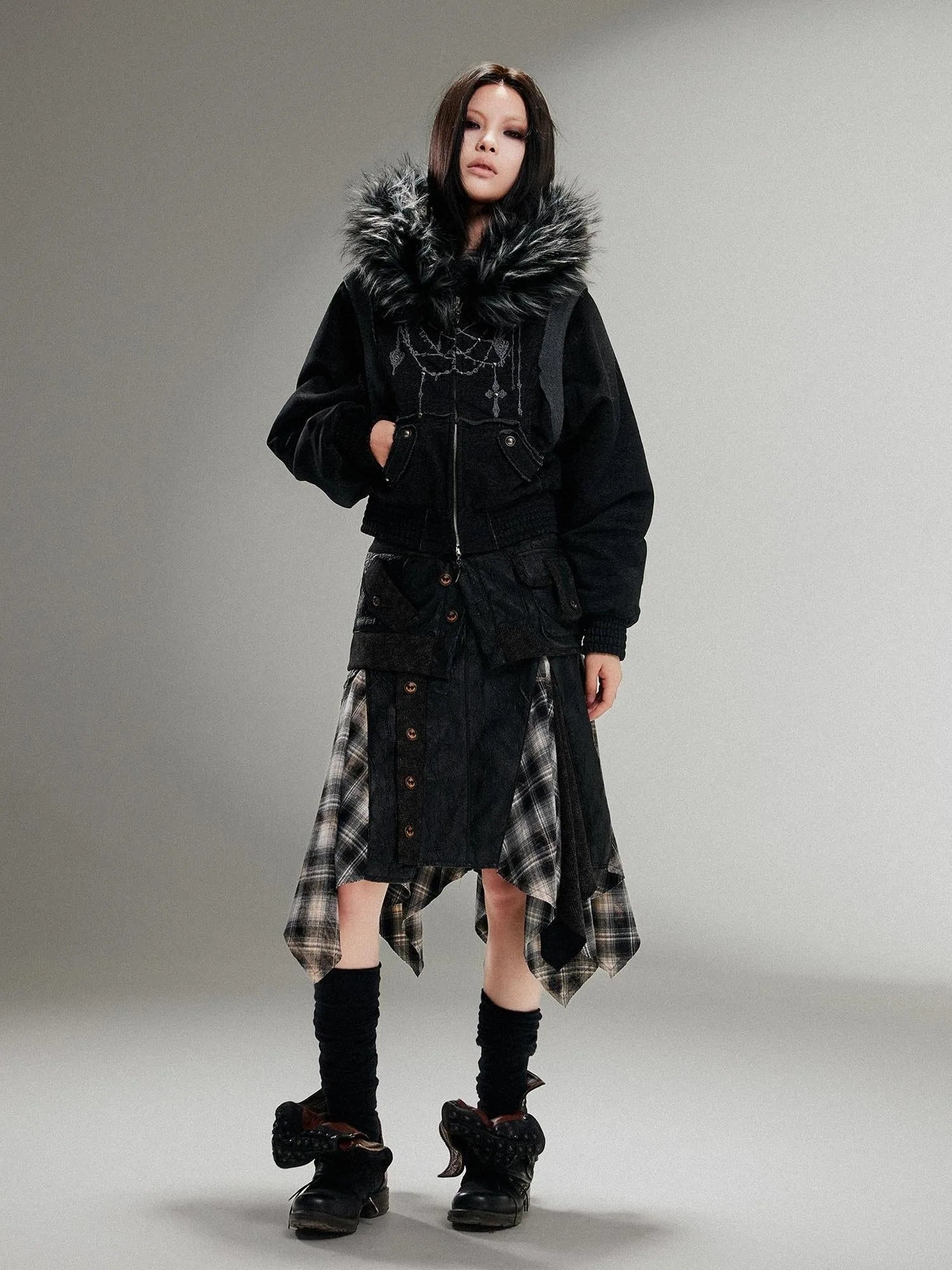 Ariadna Punk Embroidered Fur Collar Bomber Jacket