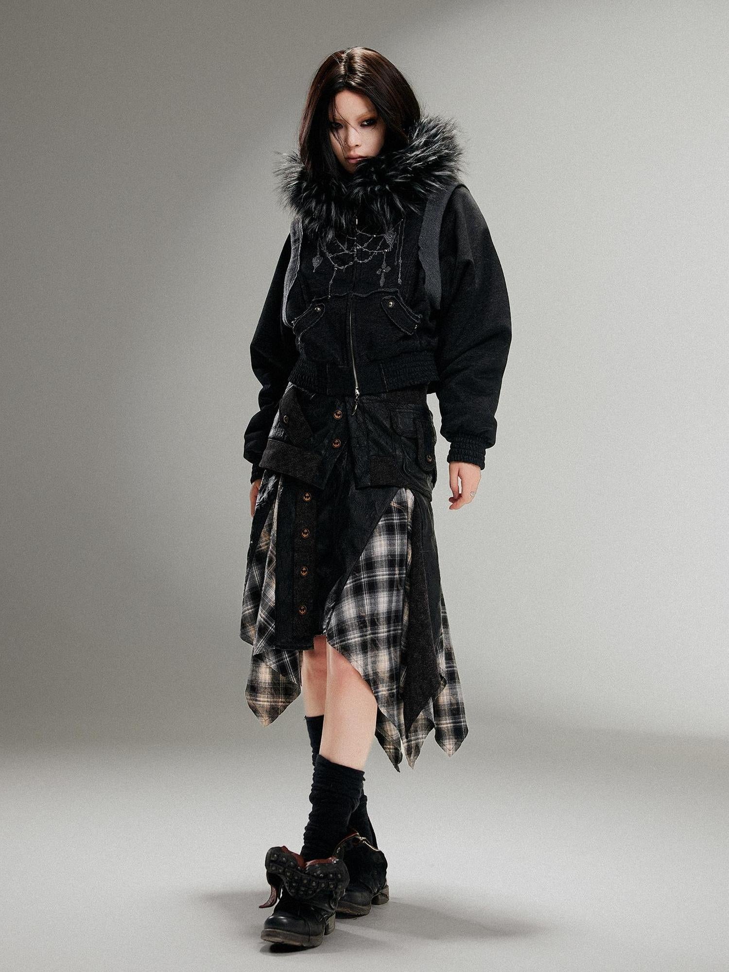 ARIADNAw Ariadna Punk Embroidered Fur Collar Bomber Jacket