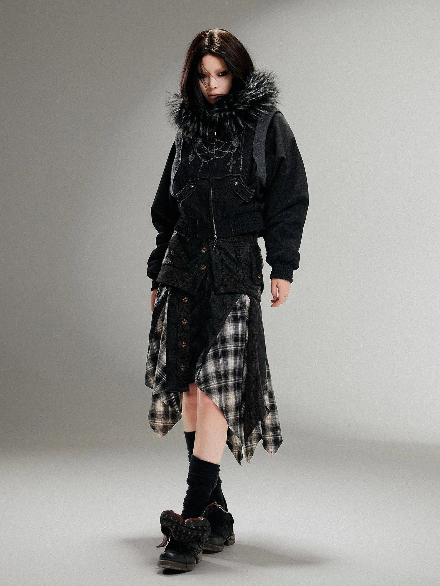 Ariadna Punk Embroidered Fur Collar Bomber Jacket