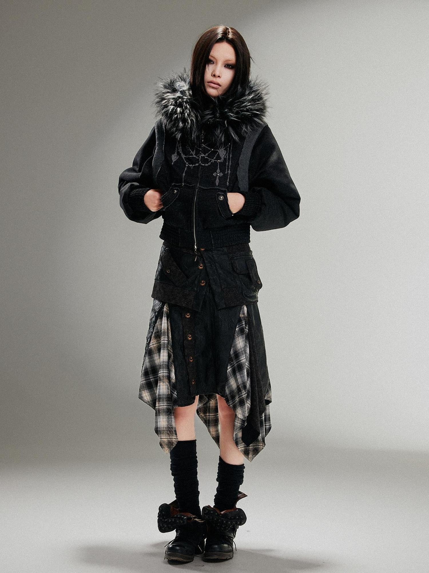 ARIADNAw Ariadna Punk Embroidered Fur Collar Bomber Jacket