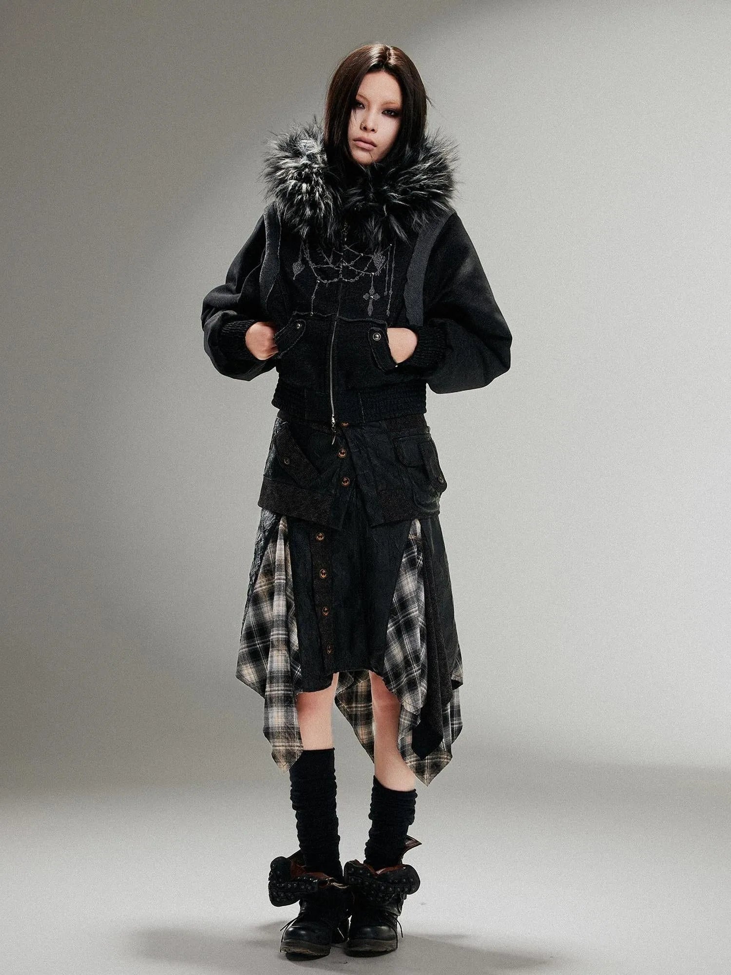 Ariadna Punk Embroidered Fur Collar Bomber Jacket
