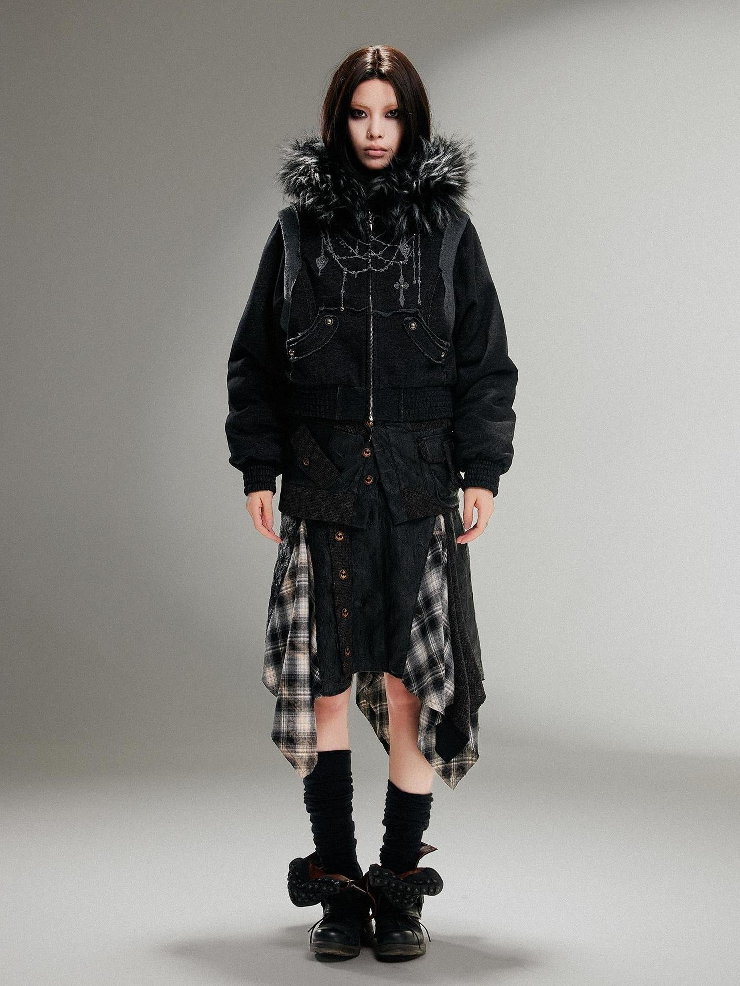 ARIADNAw Ariadna Punk Embroidered Fur Collar Bomber Jacket
