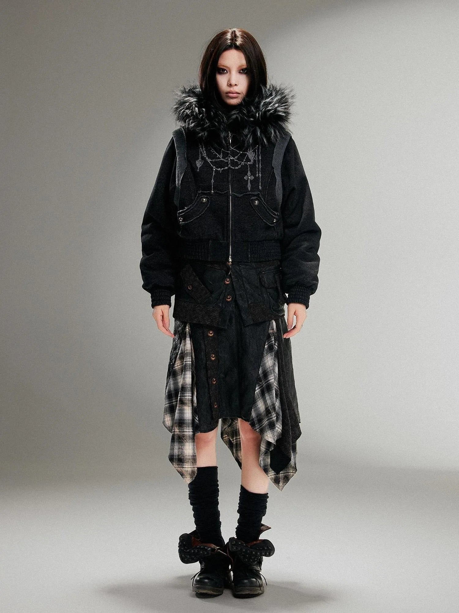 Ariadna Punk Embroidered Fur Collar Bomber Jacket
