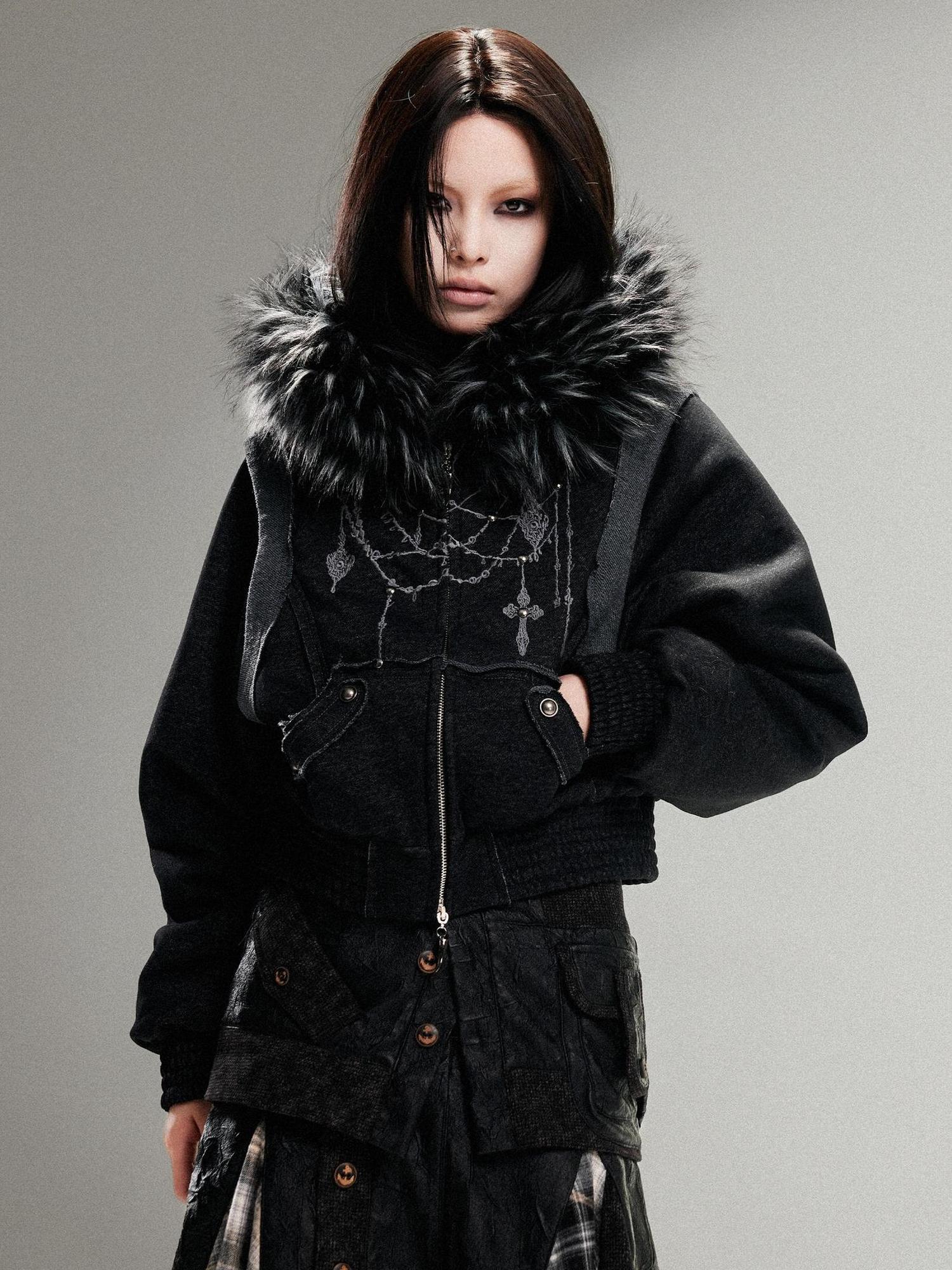 ARIADNAw Ariadna Punk Embroidered Fur Collar Bomber Jacket