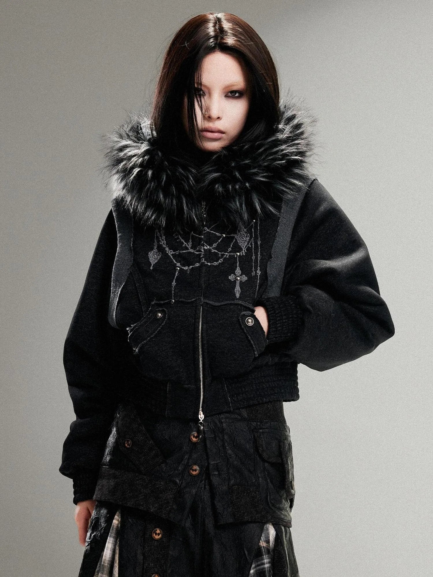 Ariadna Punk Embroidered Fur Collar Bomber Jacket