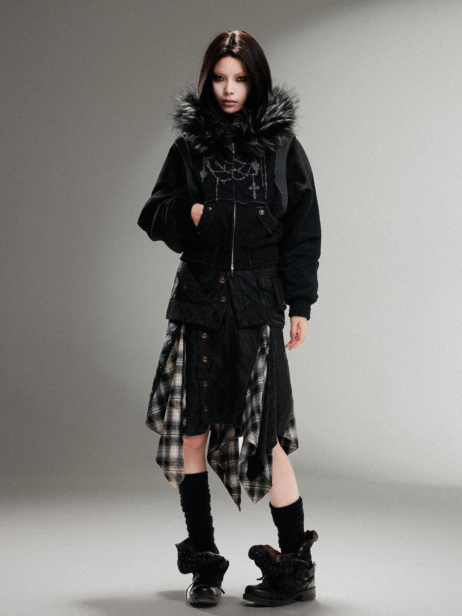 ARIADNAw Ariadna Punk Embroidered Fur Collar Bomber Jacket