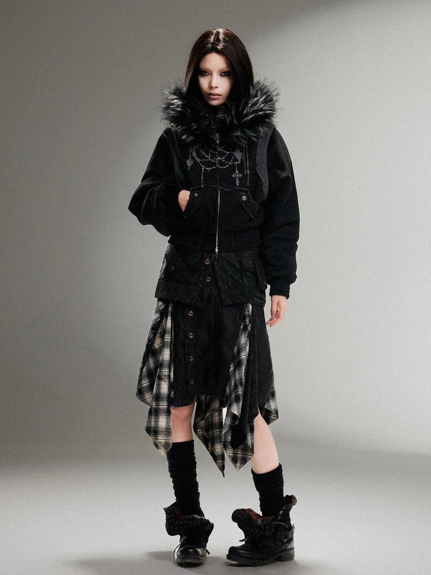 Ariadna Punk Embroidered Fur Collar Bomber Jacket