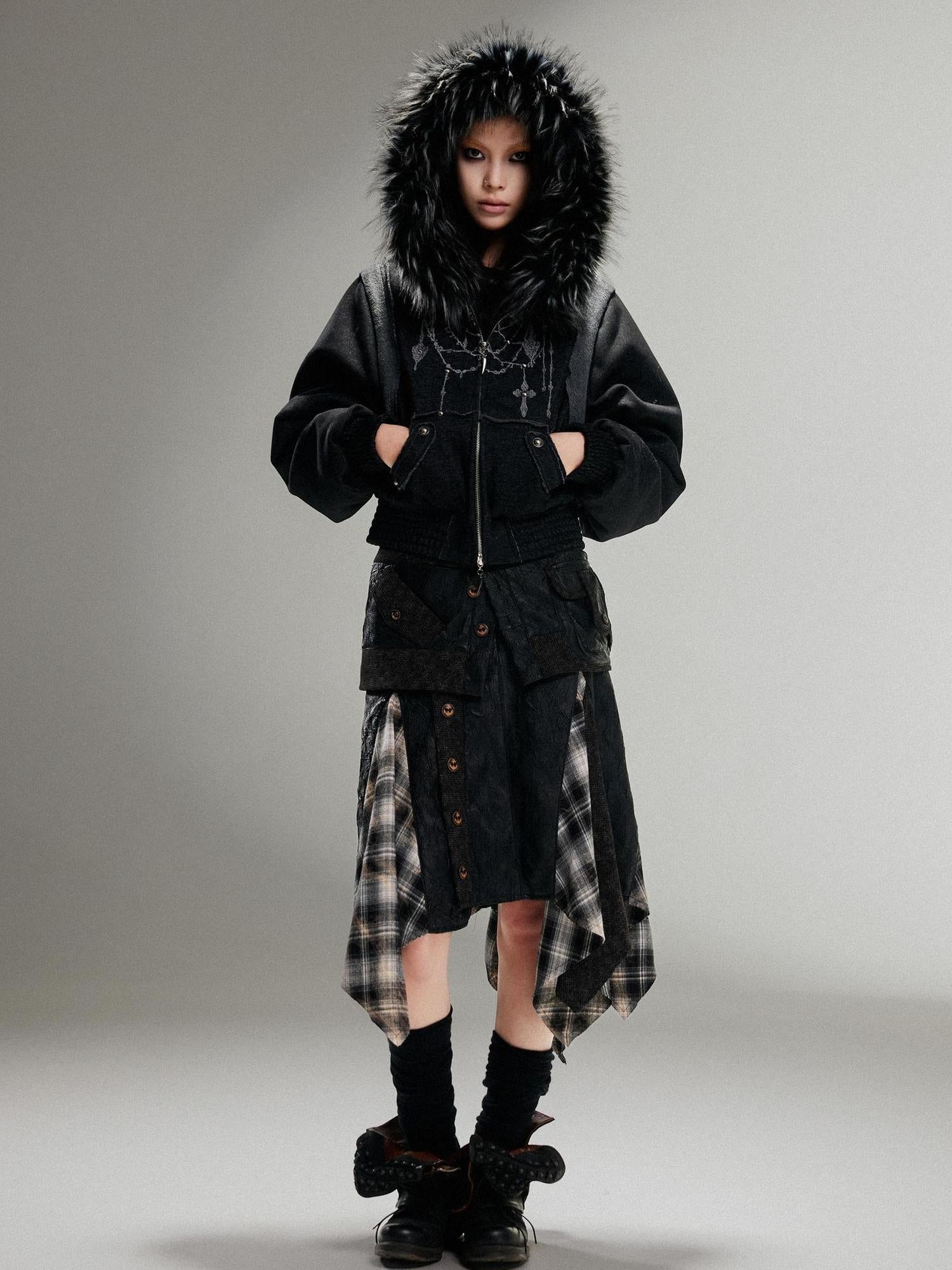 ARIADNAw Ariadna Punk Embroidered Fur Collar Bomber Jacket