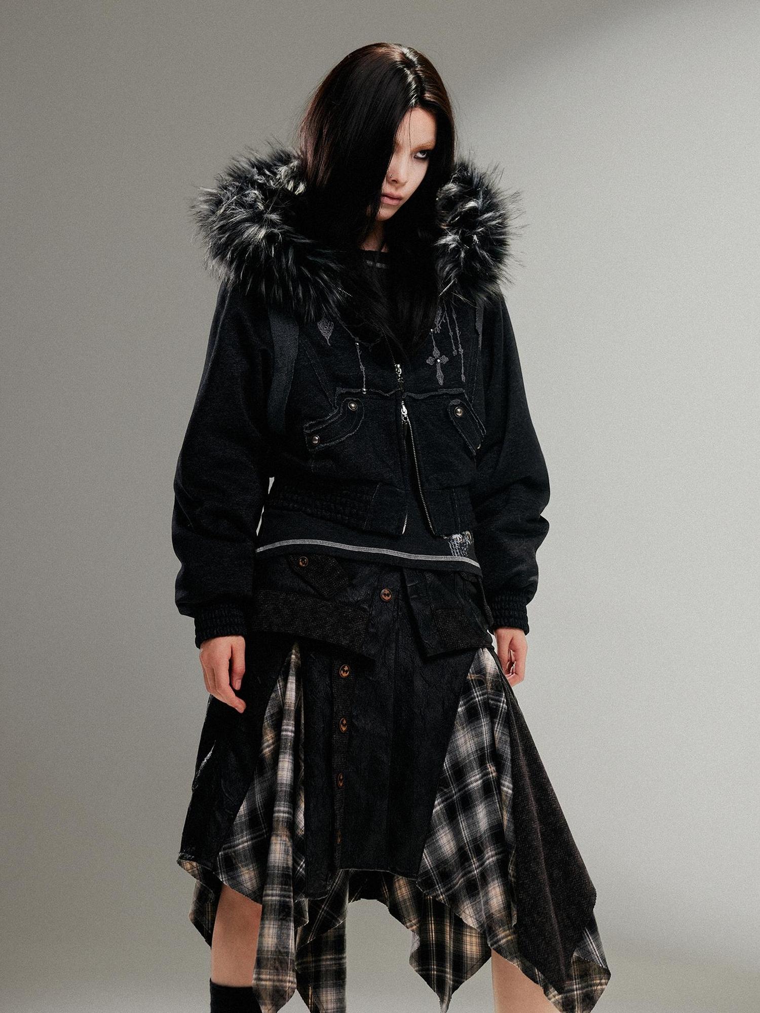 ARIADNAw Ariadna Punk Embroidered Fur Collar Bomber Jacket