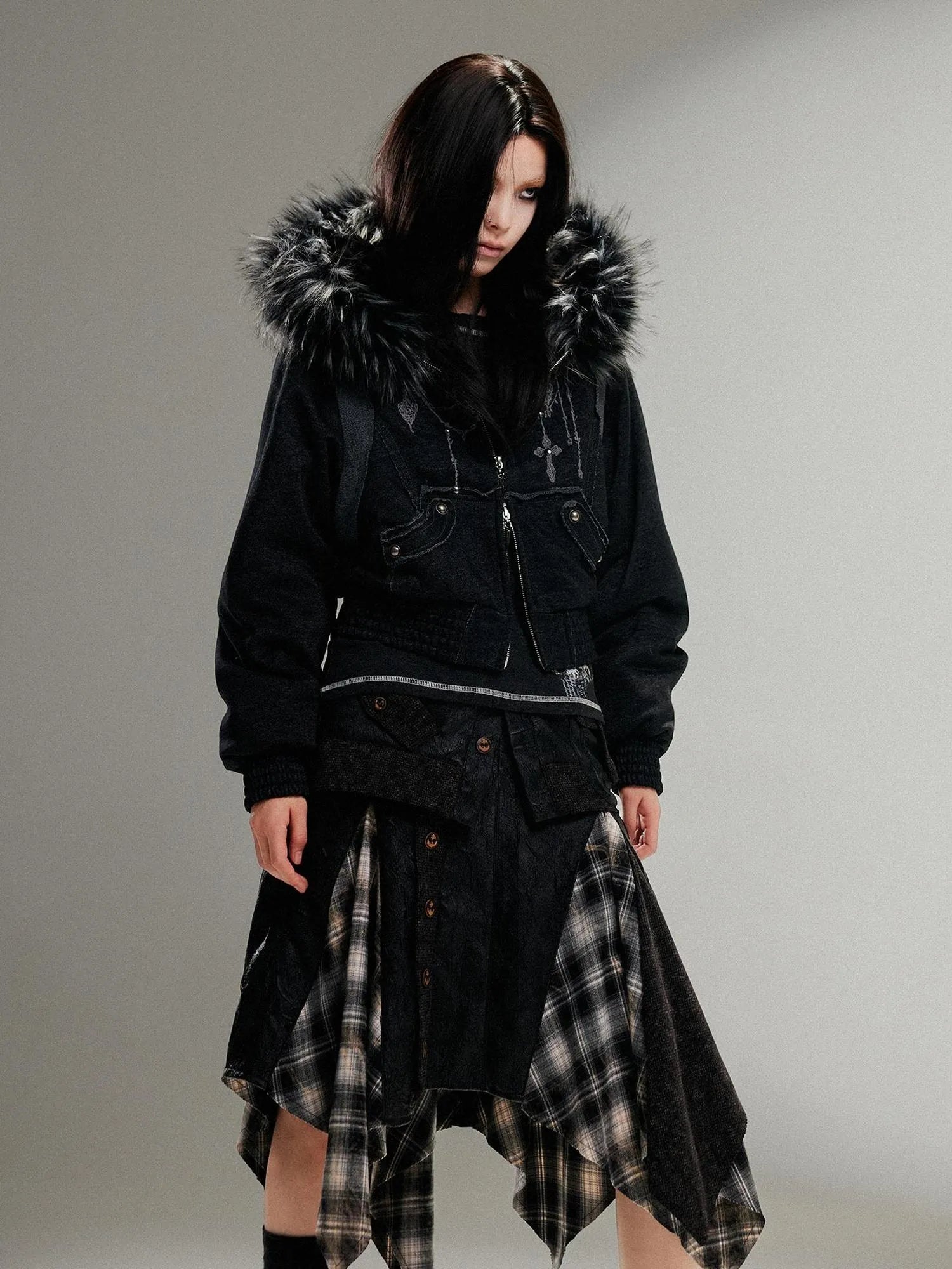 Ariadna Punk Embroidered Fur Collar Bomber Jacket