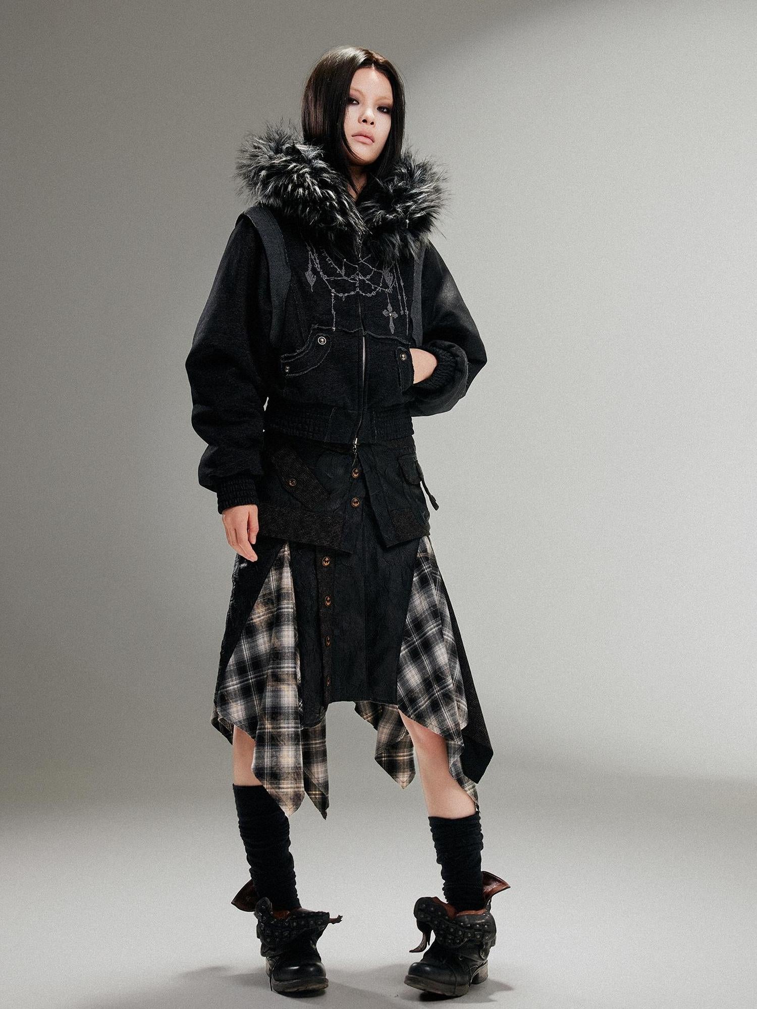 ARIADNAw Ariadna Punk Embroidered Fur Collar Bomber Jacket