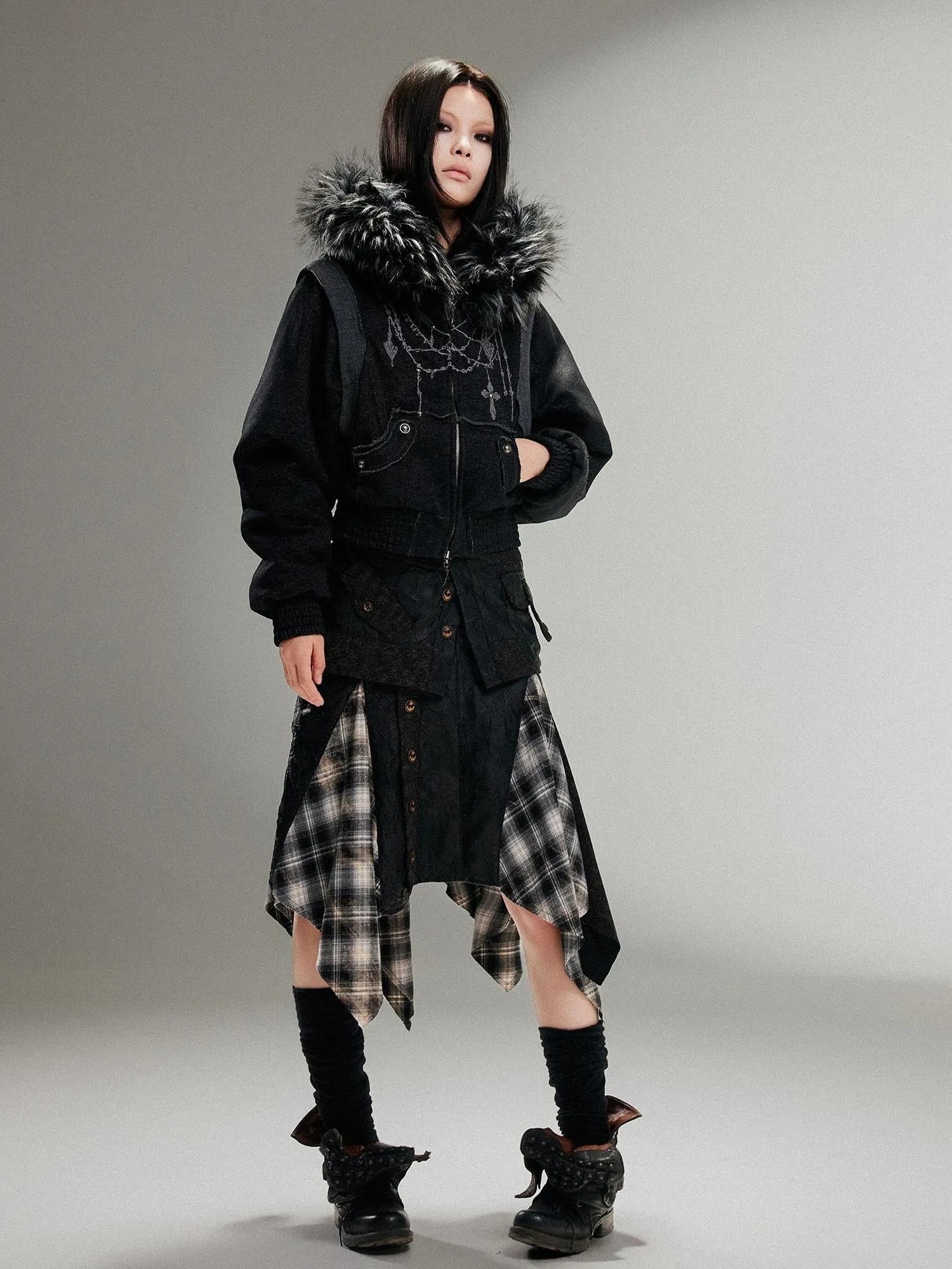 Ariadna Punk Embroidered Fur Collar Bomber Jacket