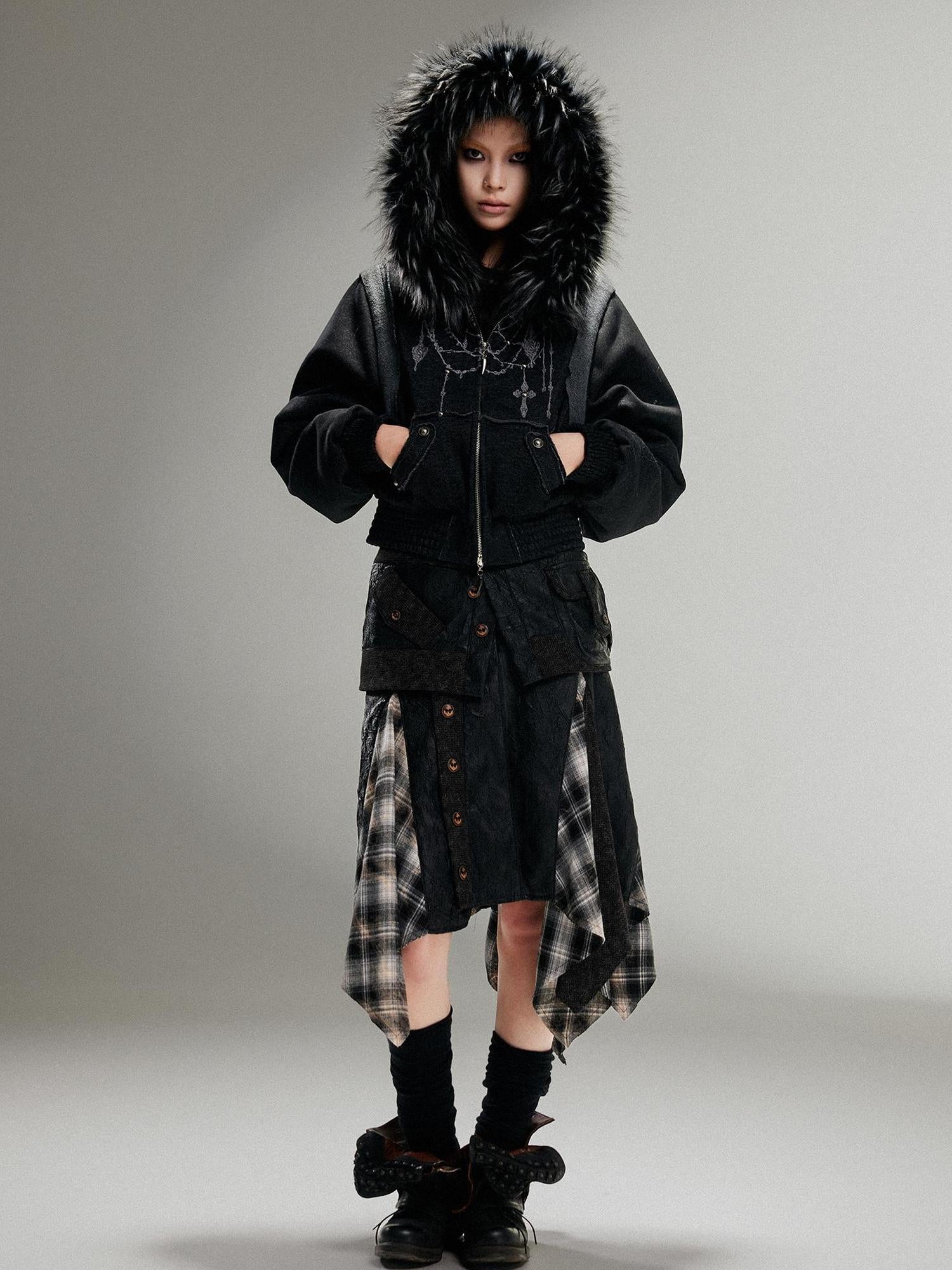 ARIADNAw Ariadna Punk Embroidered Fur Collar Bomber Jacket