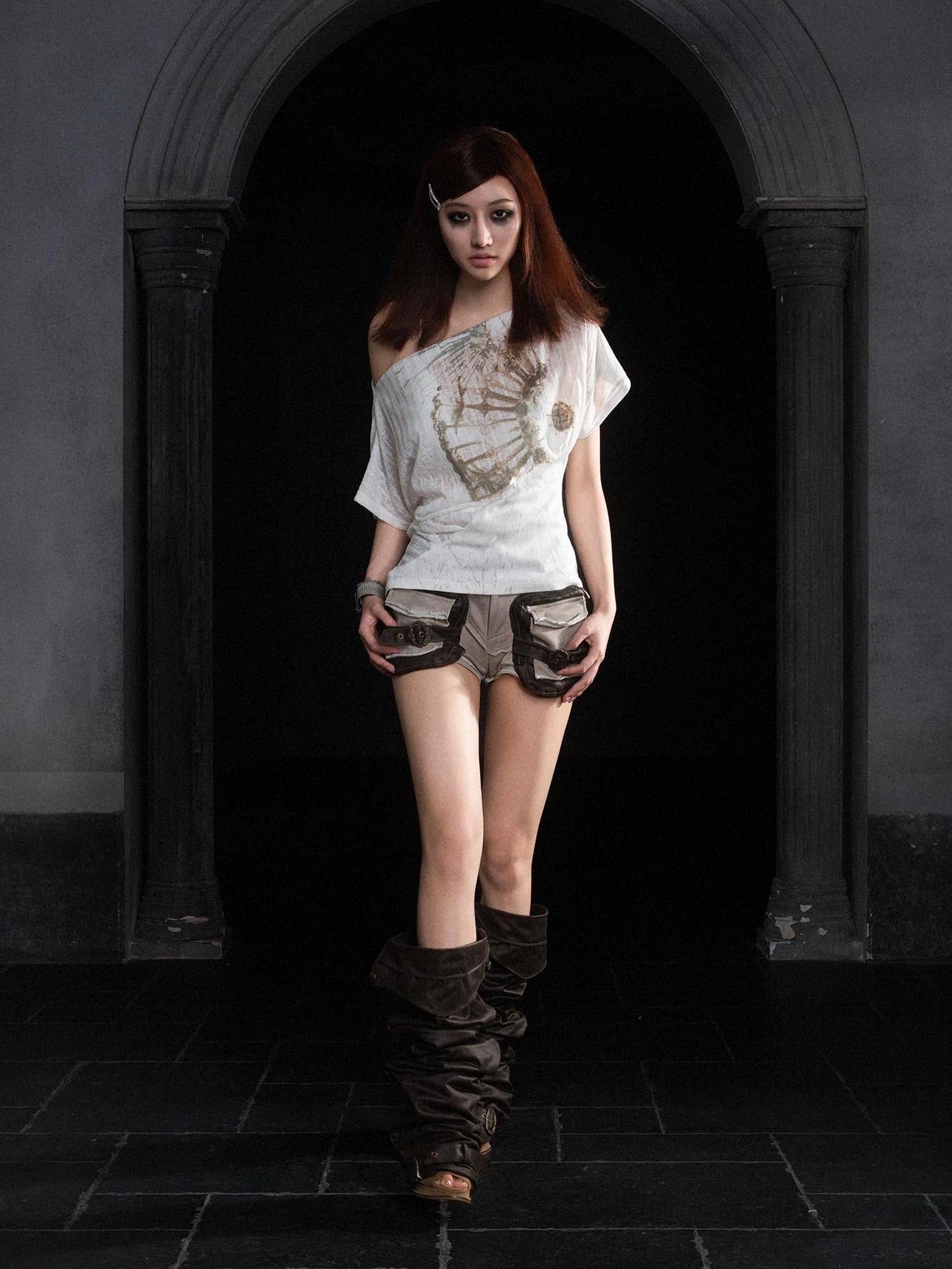 ARIADNAw Ariadnaw Punk Patchwork Knit Low Rise Pocket Shorts Streetwear