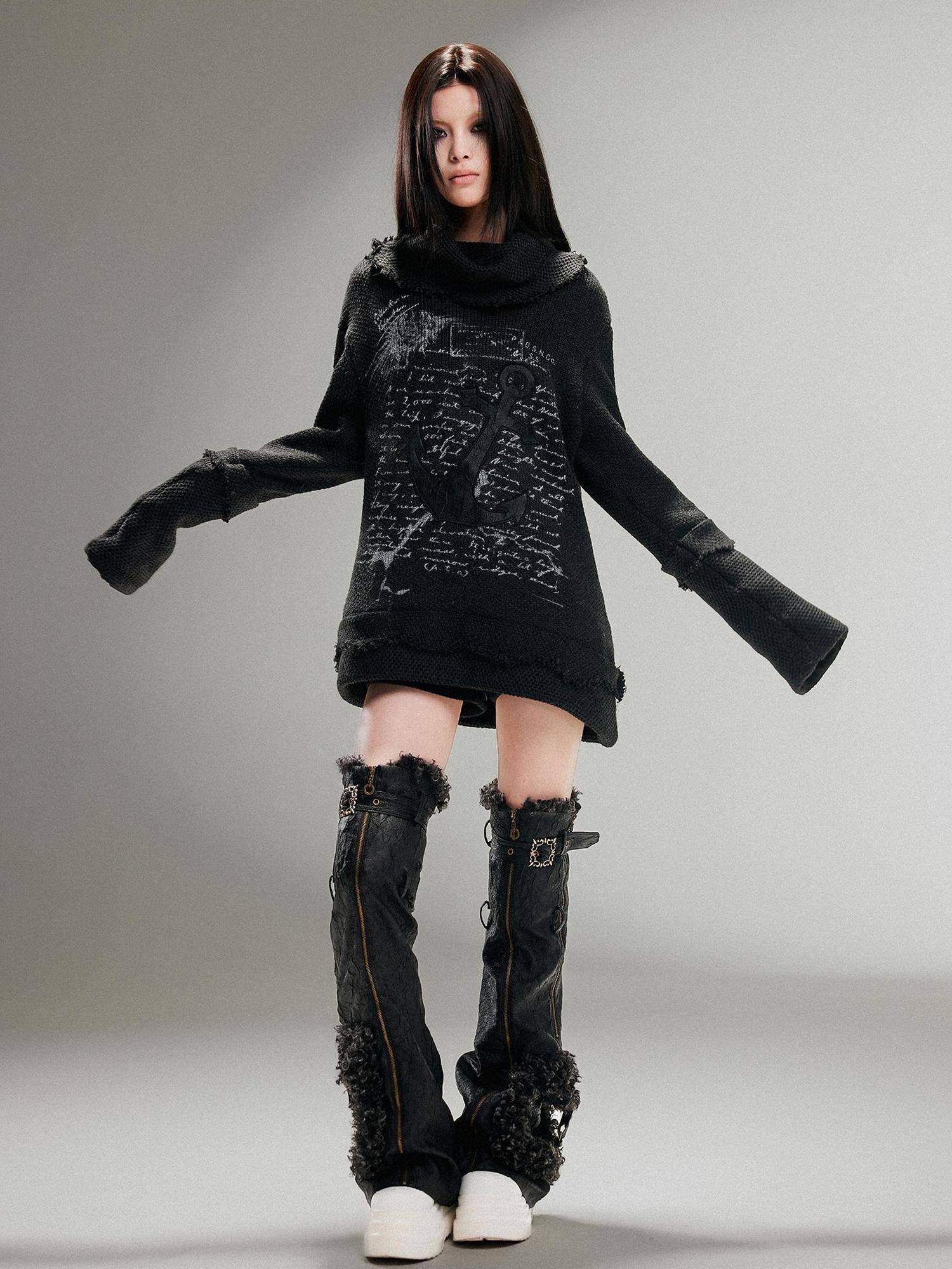 Ariadnaw Punk Rock Low Rise Leather Shorts With Wool Leg Warmers