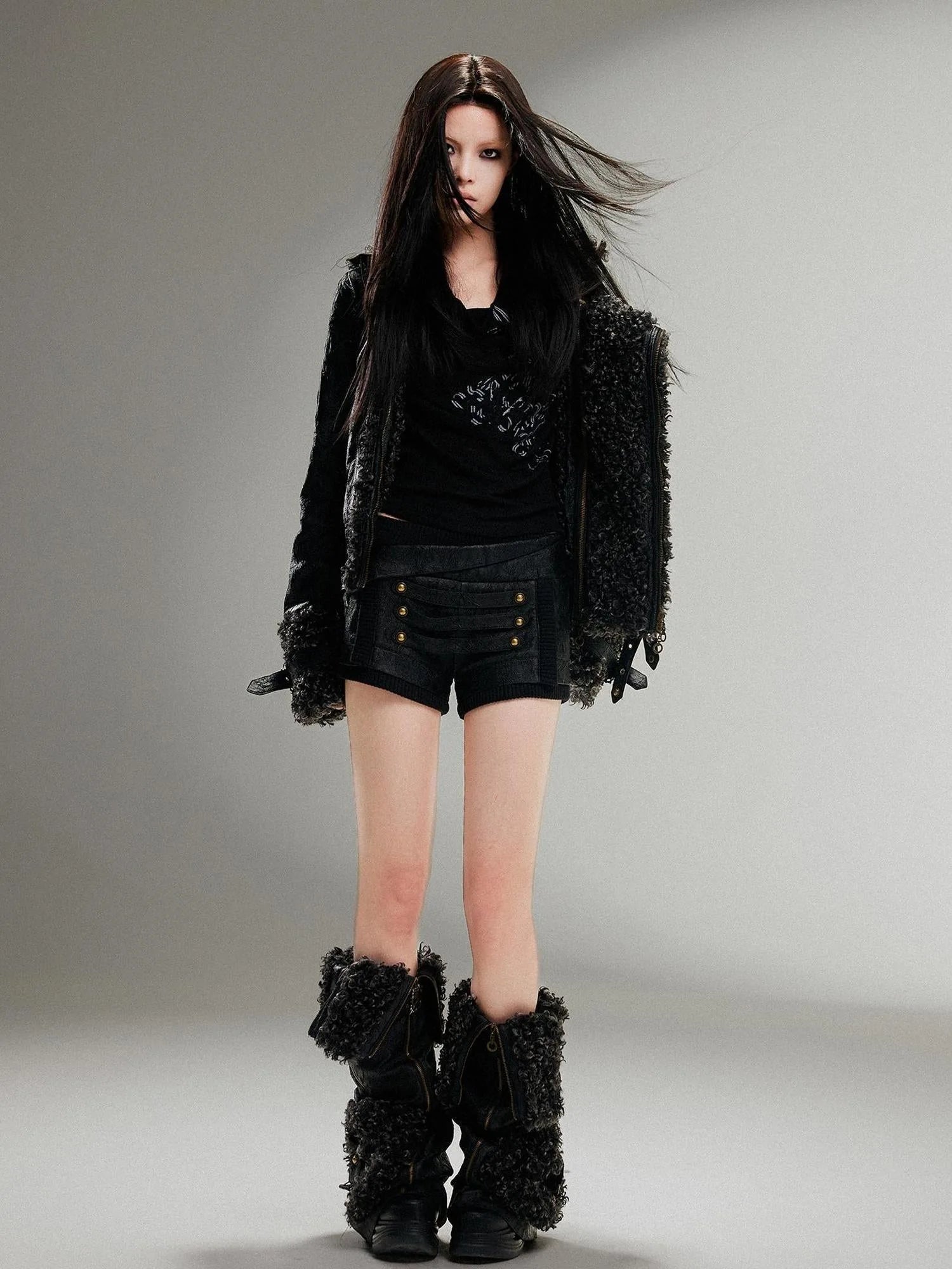 Ariadnaw Punk Rock Low Rise Leather Shorts With Wool Leg Warmers